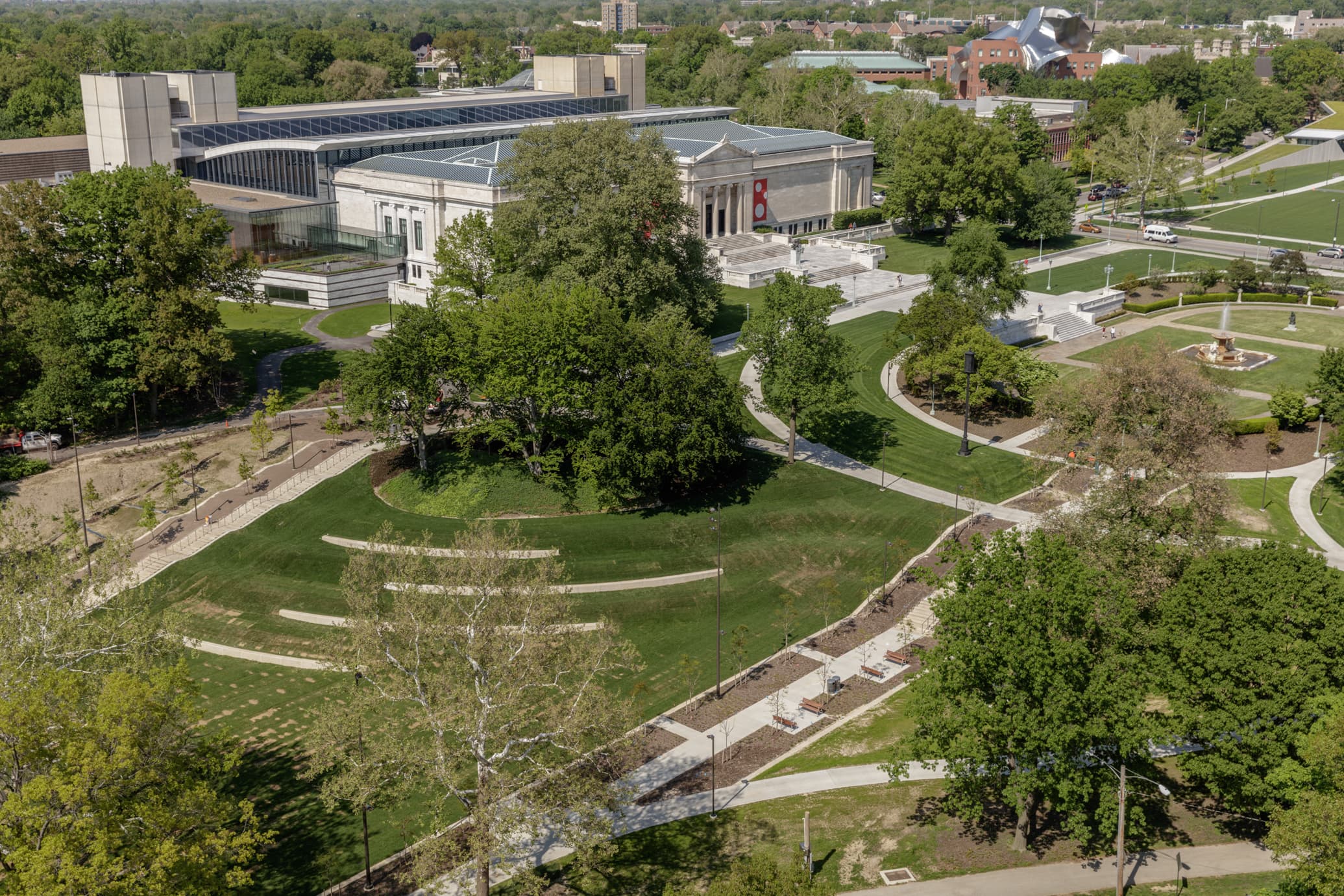 Aerial view of Cleveland Museum of art and surrounding green space, including pathways, landscaping