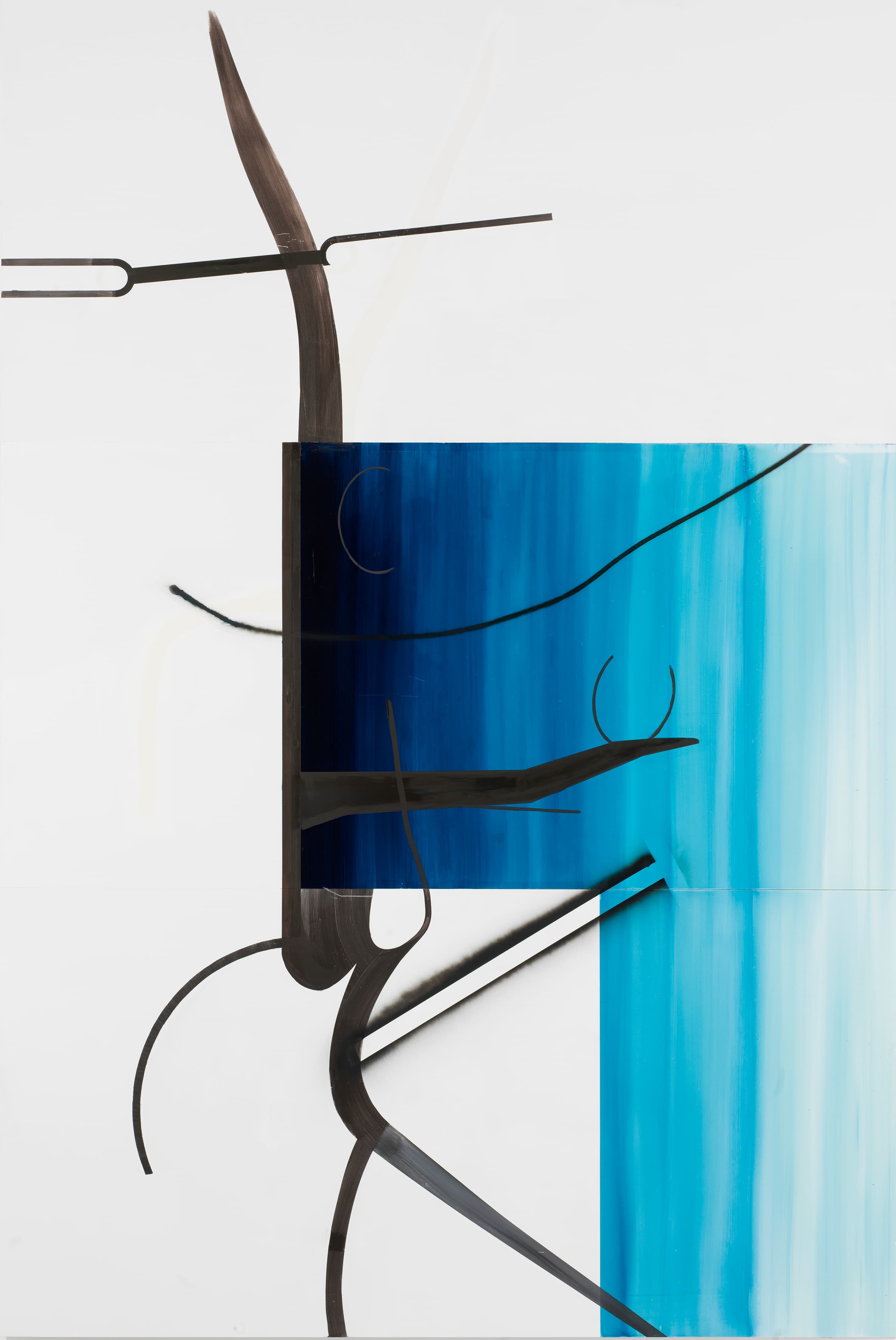 painting of a black form in form of a branch above a blue field in the lower right of a white canvas