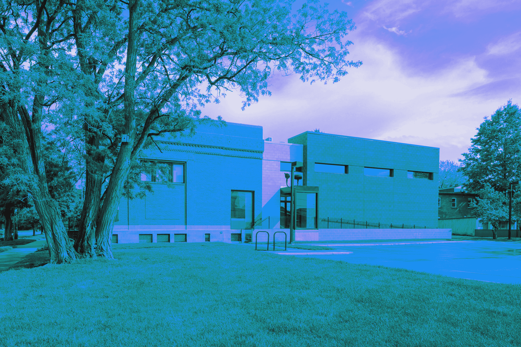 View of Transformer Station building with a purple/blue filter applied