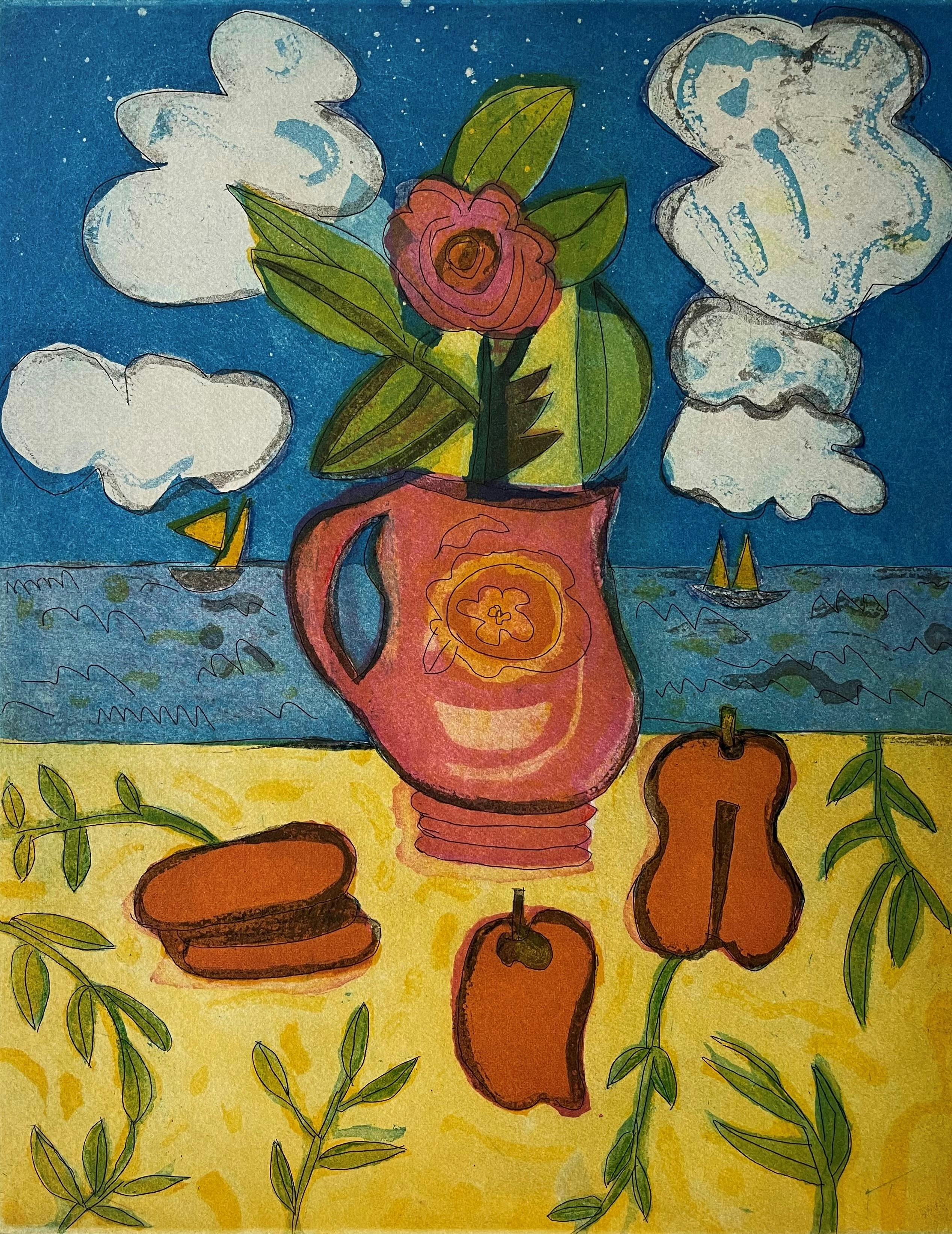 A painting of an abstracted flower vase and fruit