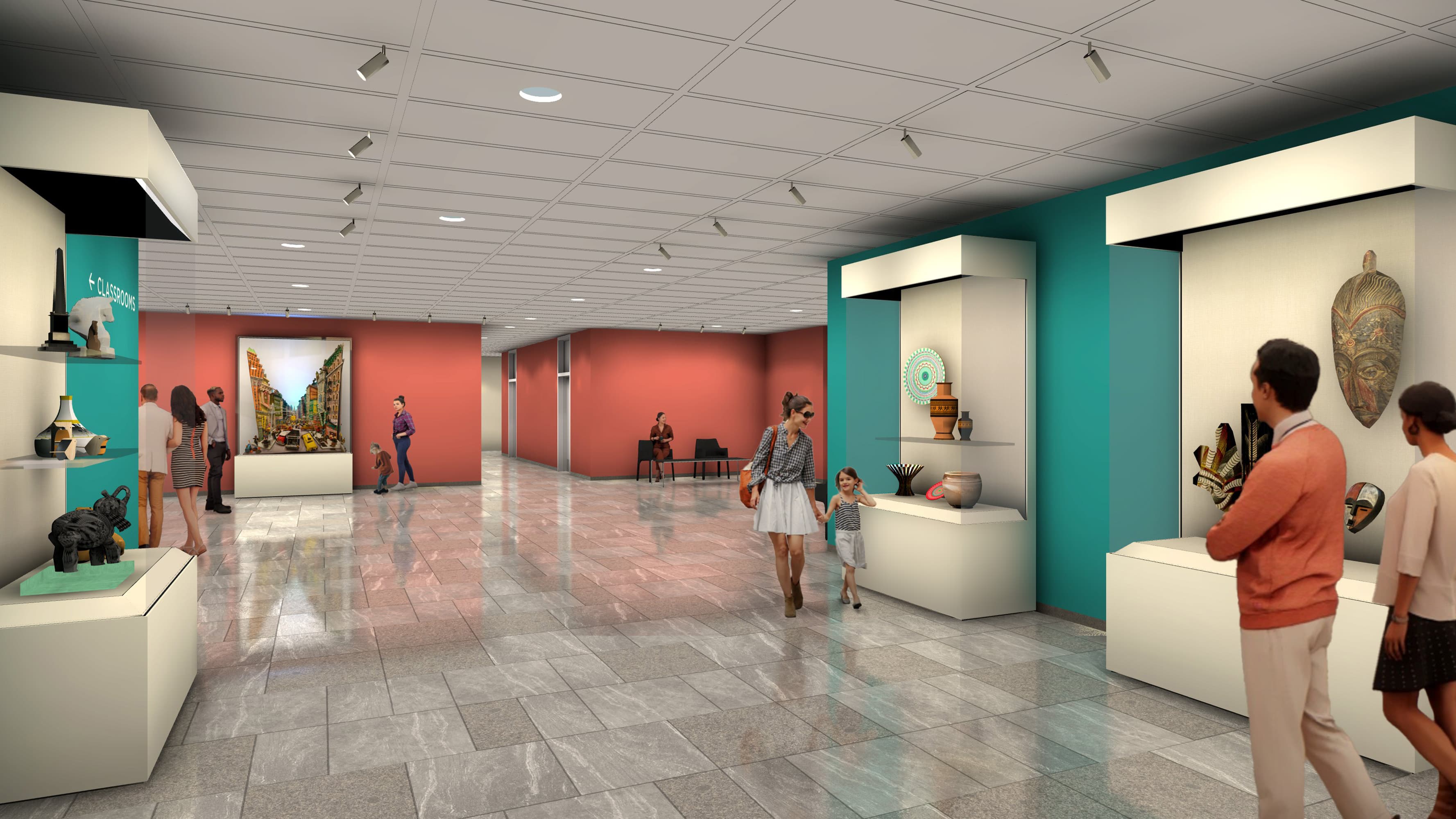 Digital rendering of people walking through renovated lobby 
