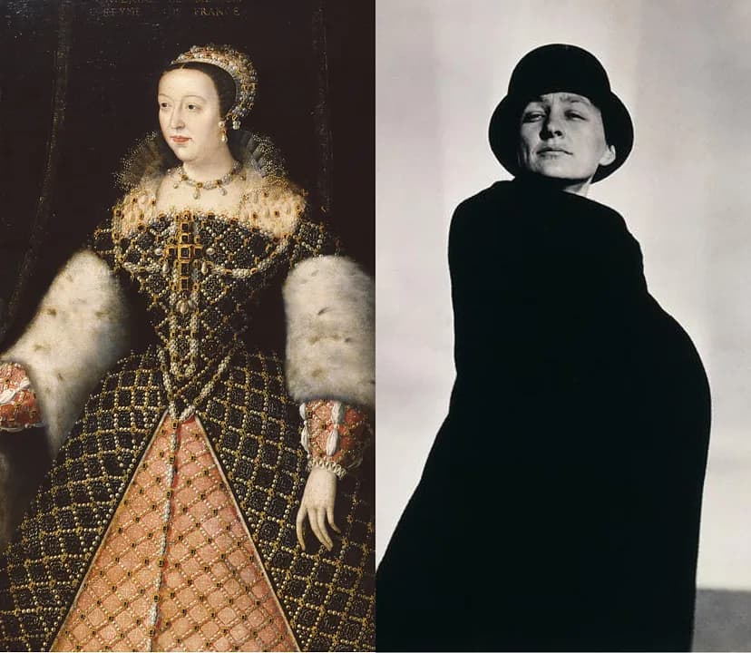 Side by side images with Catherine de’ Medici on the left and Georgia O’Keeffe on the right.