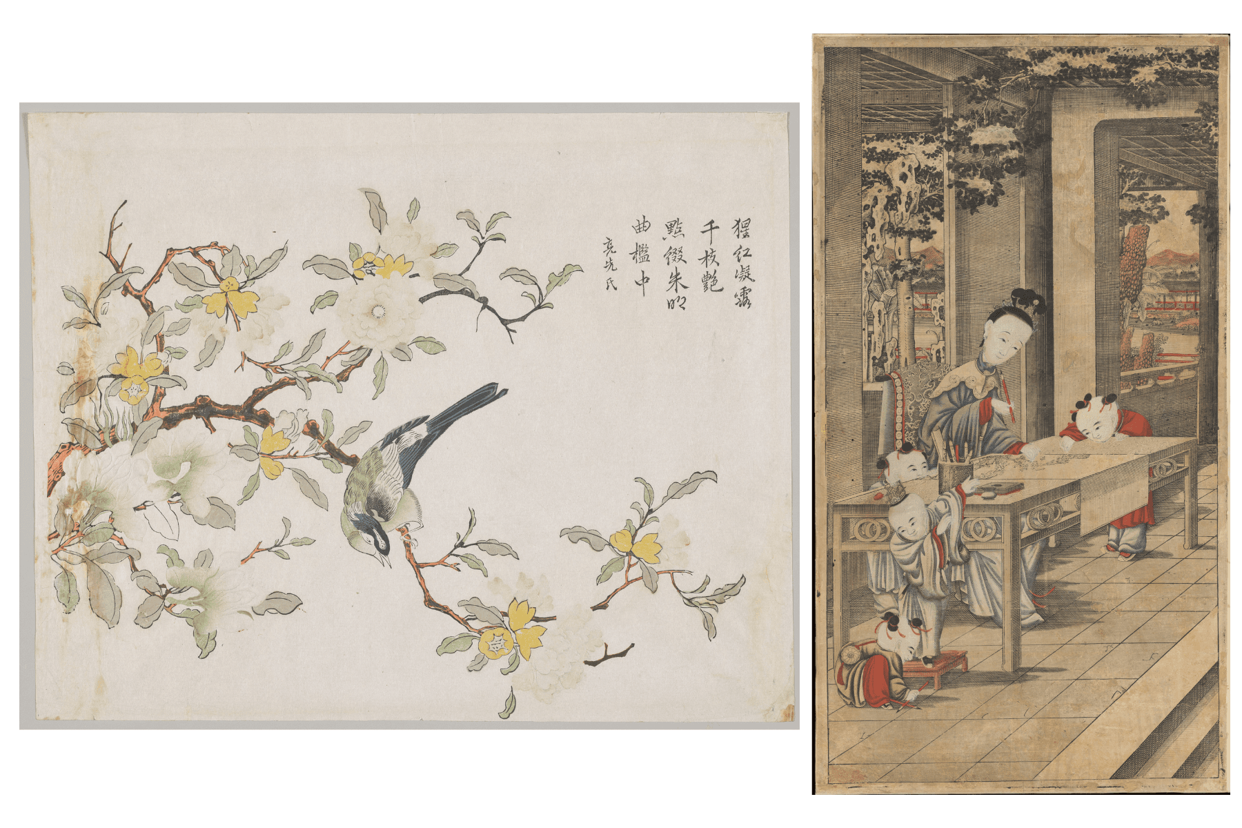 Two Chinese block prints, one with a flowered branch with a bird, the other with a woman teaching children to paint