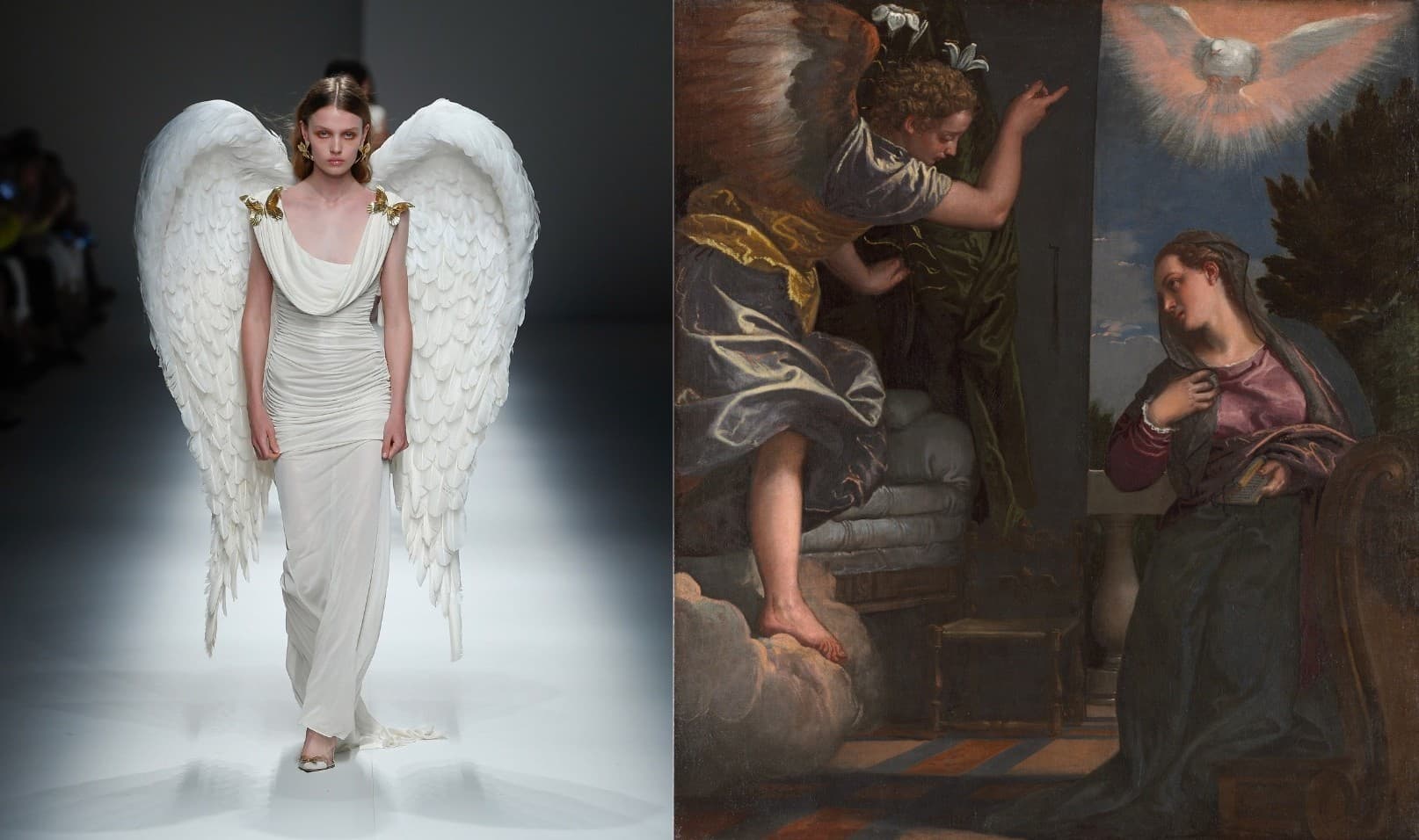 Left: Runway model in a long white gown and angel wings, right: Renaissance painting with two figures with wings looking towards one another