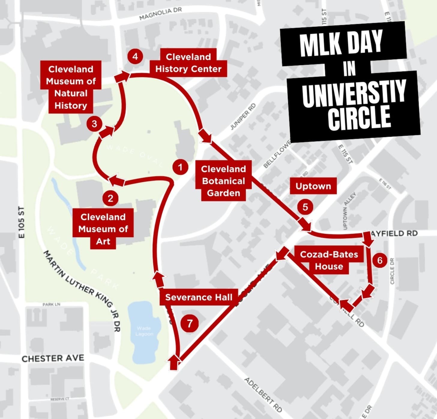 Map of University Circle with Circle link bus route for MLK Day