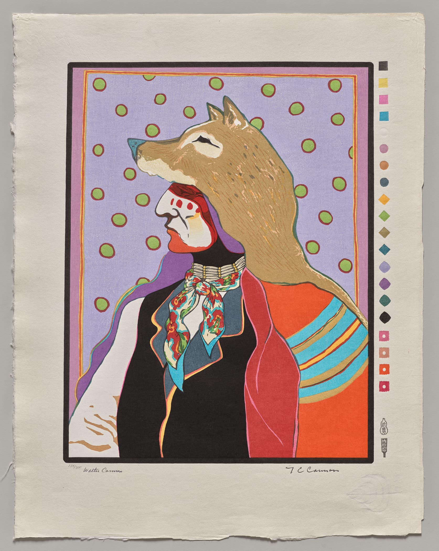 Colorful print of a Native American man with a wolf headdress on