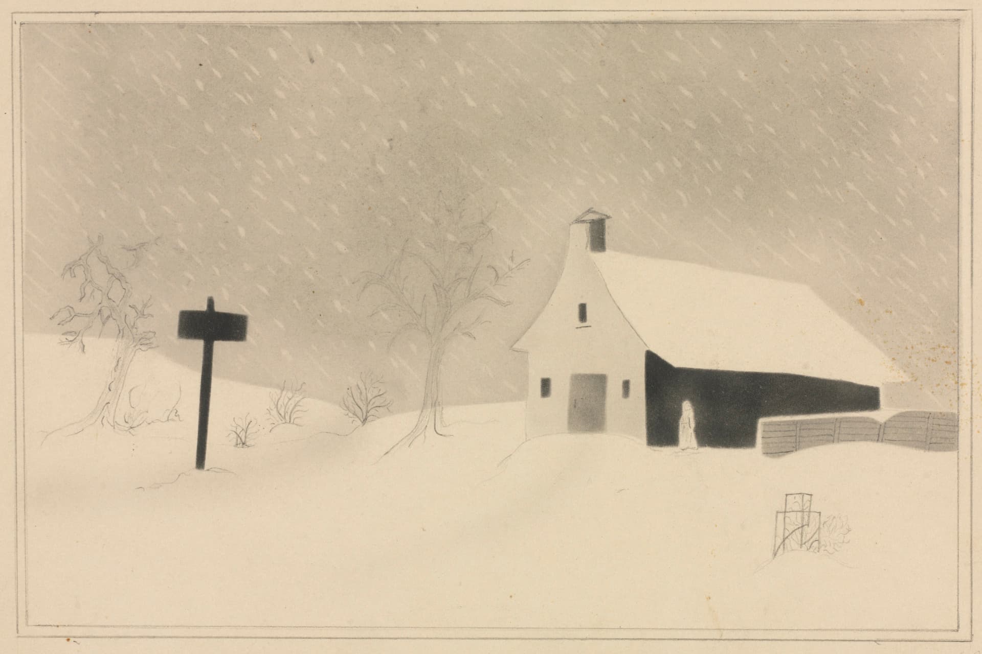 A horizontally oriented pencil drawing depicts a winter landscape. Diagonal pencil strokes fill the gray sky, suggesting falling snow. On the right, a house with a stark white roof and dark side wall sits in deep snow, where a tiny figure in white stands. To the left, a dark T-shaped signpost and two spindly, leafless trees rise from the white ground. Minimalist lines and high contrast define the quiet scene.