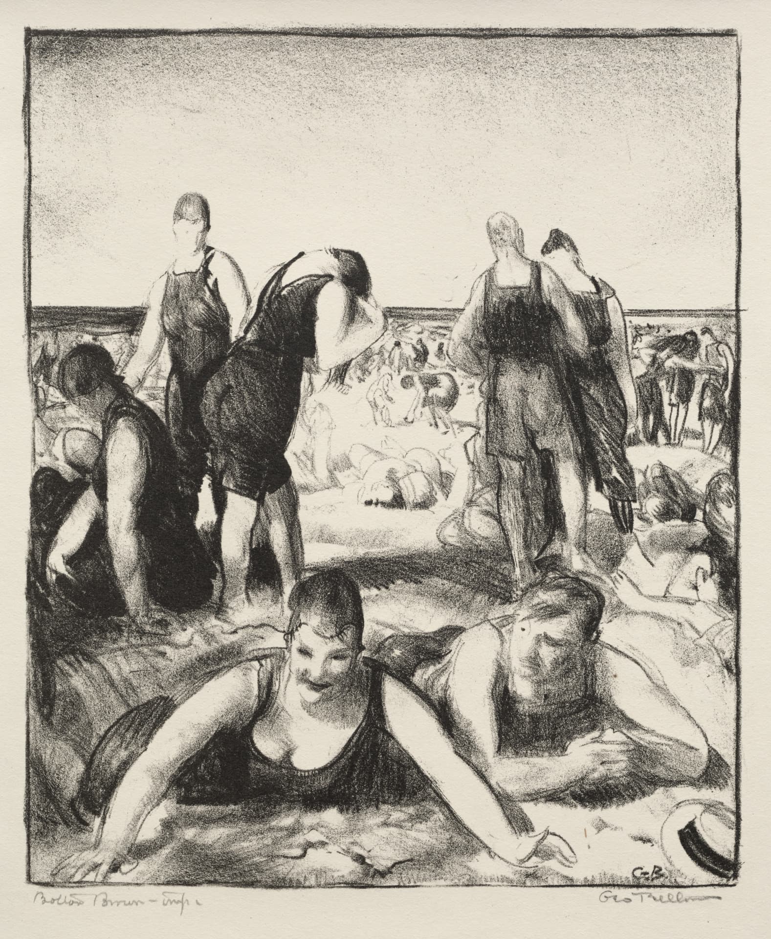 A vertically oriented black-and-white lithograph depicts a crowded beach. In the foreground, a woman and man with light skin tones lie on the sand; she faces right on her forearms while he props his head on his hands, looking toward us. Behind them, five figures in dark swimwear stand or bend, one bowing over their knees. The background shows a hazy, distant crowd along the shoreline beneath a pale, grainy sky.