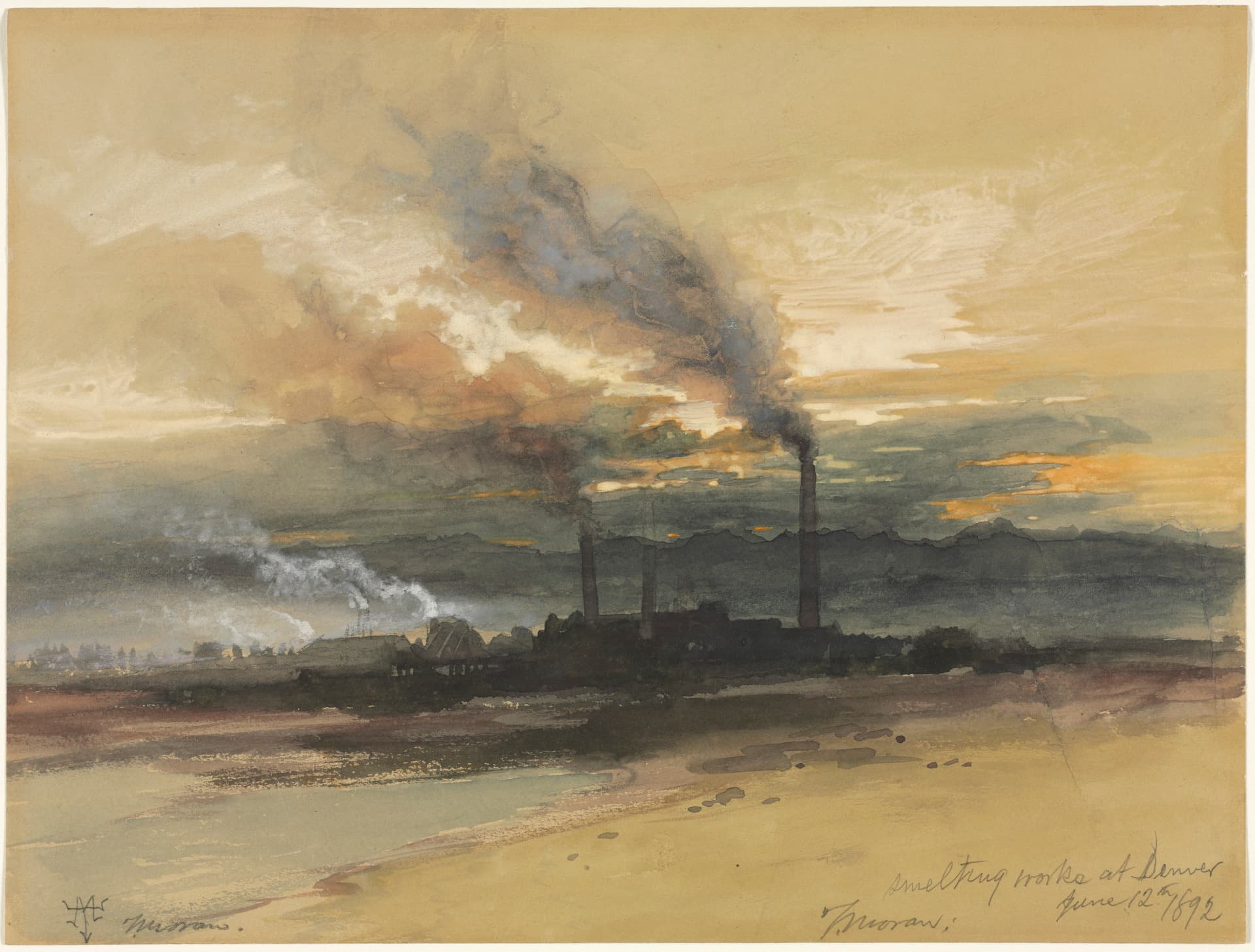 A horizontally oriented watercolor and gouache painting on light brown paper depicts a factory in the distance. Smoke from the smokestacks billows up into the sky, which is painted in shades of gray, yellow, and white.