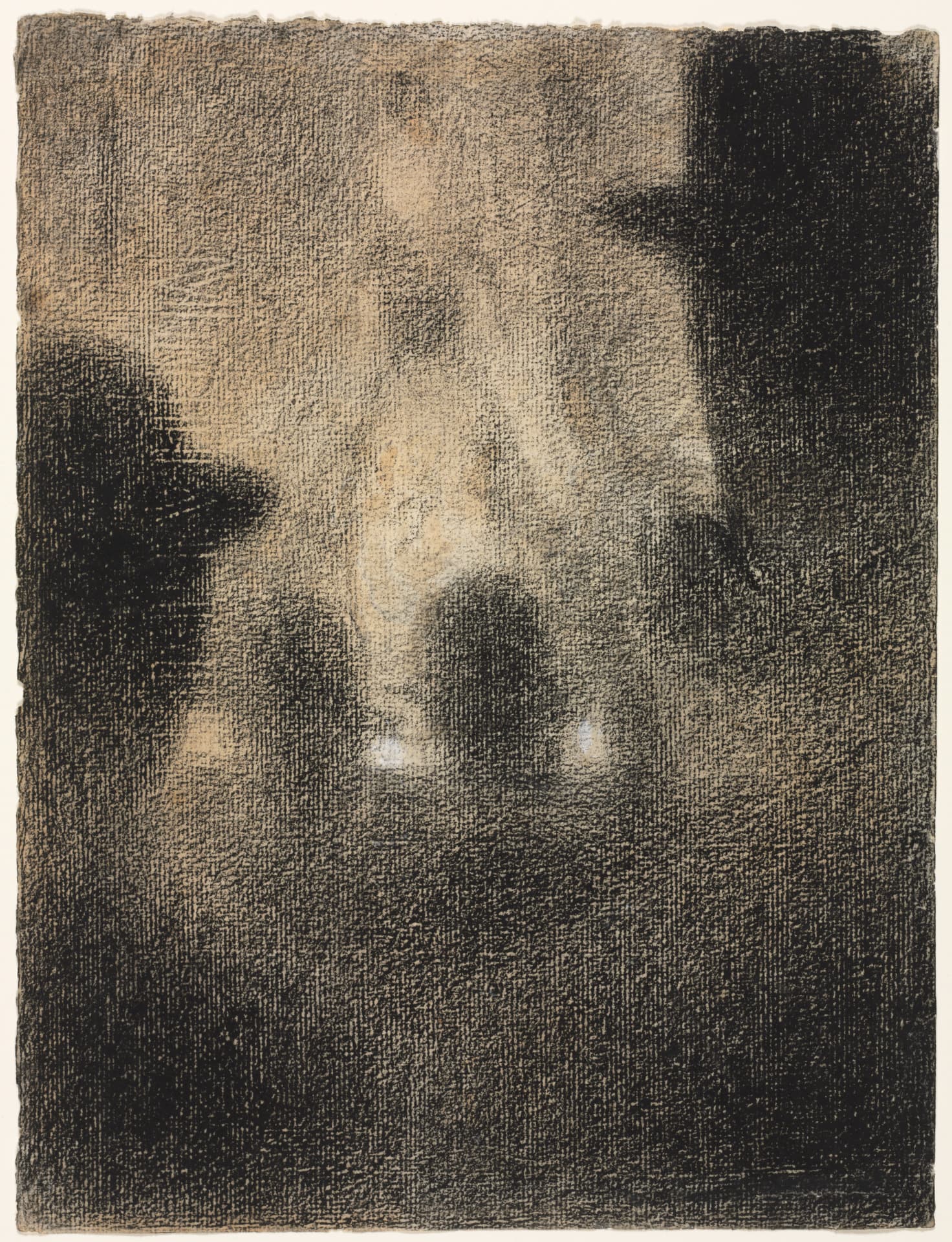 A vertically oriented drawing features shades of black and white on cream-colored paper. The perspective is from close behind many silhouettes of figures wearing bowler hats, drawn in shades of black. They are watching a silhouette of a figure wearing a long dress standing at a stage in front of them, drawn in lighter shades.