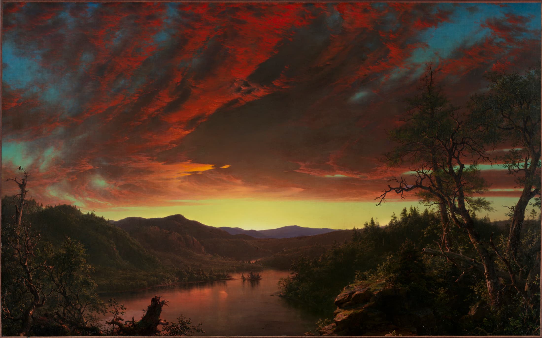 A horizontally oriented oil painting depicts a vivid sunset over a dark wilderness landscape. The clouds in the sky are painted with warm shades of reds and oranges. Dark mountains are silhouetted against a sliver of bright yellow sky and the lake below them reflects the glow of the reds and oranges of the clouds.
