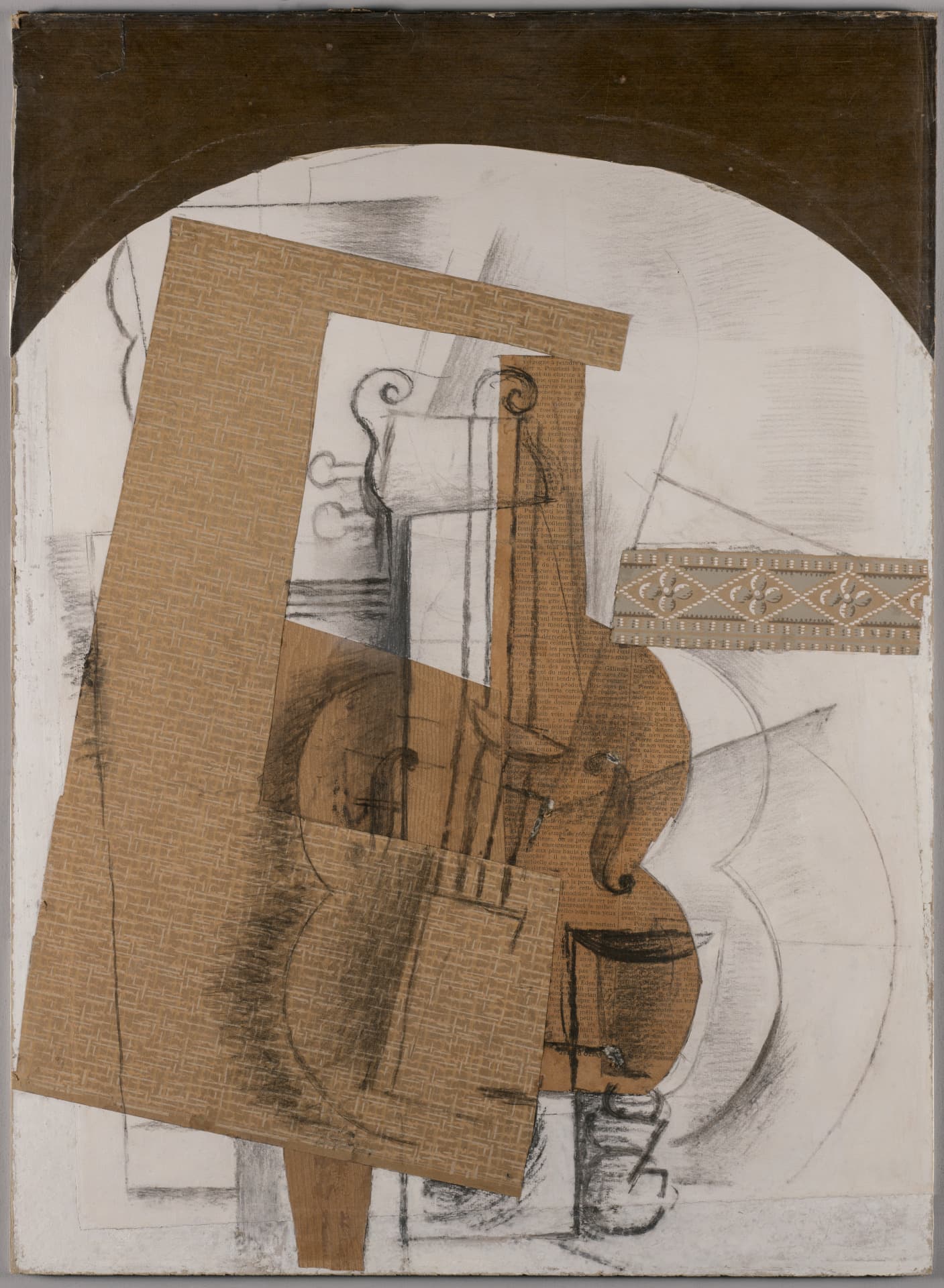A vertically oriented drawing depicts a violin and a glass on a table. Cut-and-pasted brown papers create geometric shapes and a layered collage on which components of the violin are drawn.