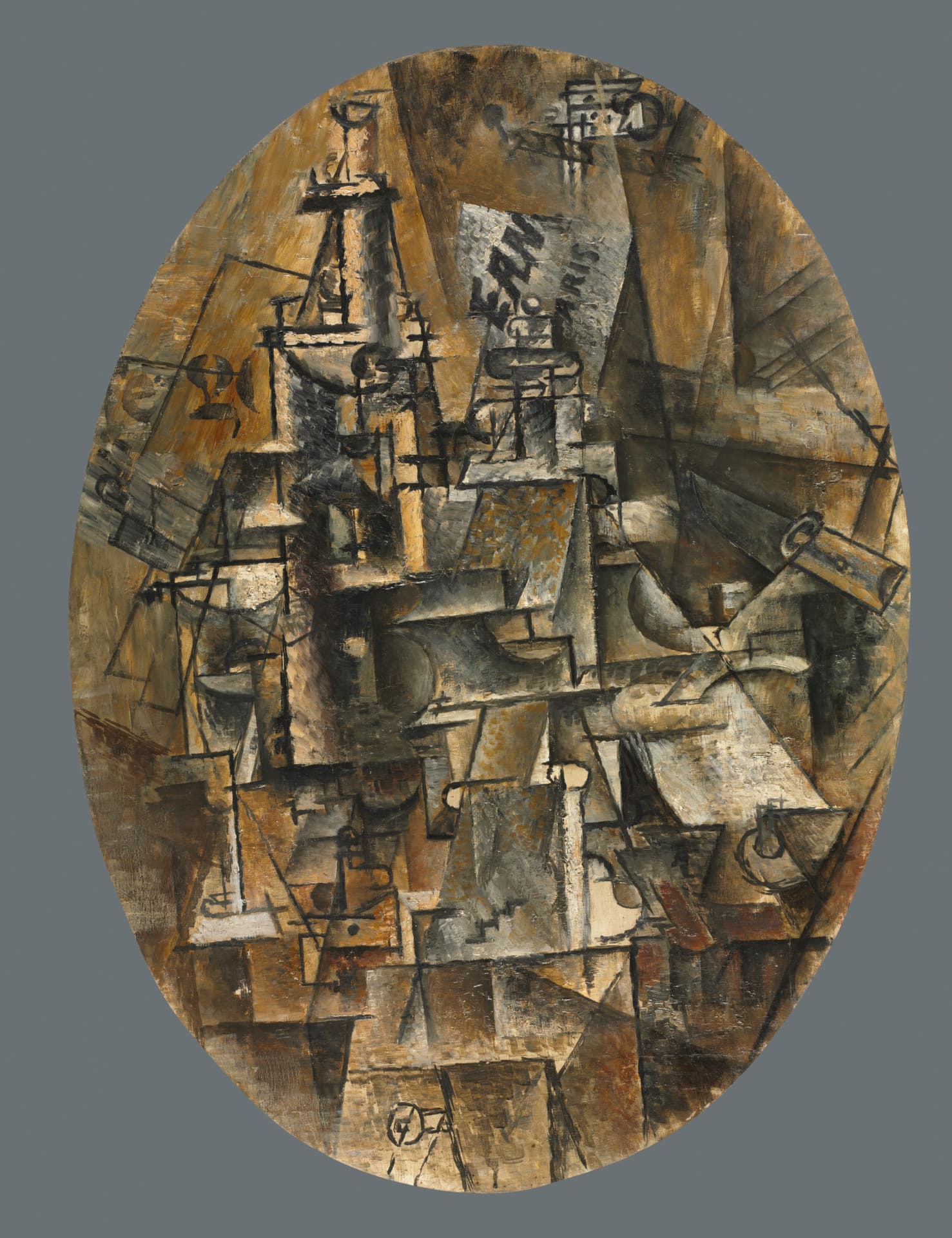 An abstract oval oil painting in shades of brown, gray, and white is intercepted by black lines to create an angular, fractured image. Abstracted beyond recognition, the fragments hint at a stemmed glass, bottle, and fork. The bottle neck extends into the upper edge of the painting, with fewer fractured shapes against a gold-brown background. What may be the edge of a folded newspaper protrudes to the left with fragments of words, "EAN" and "ARIS."