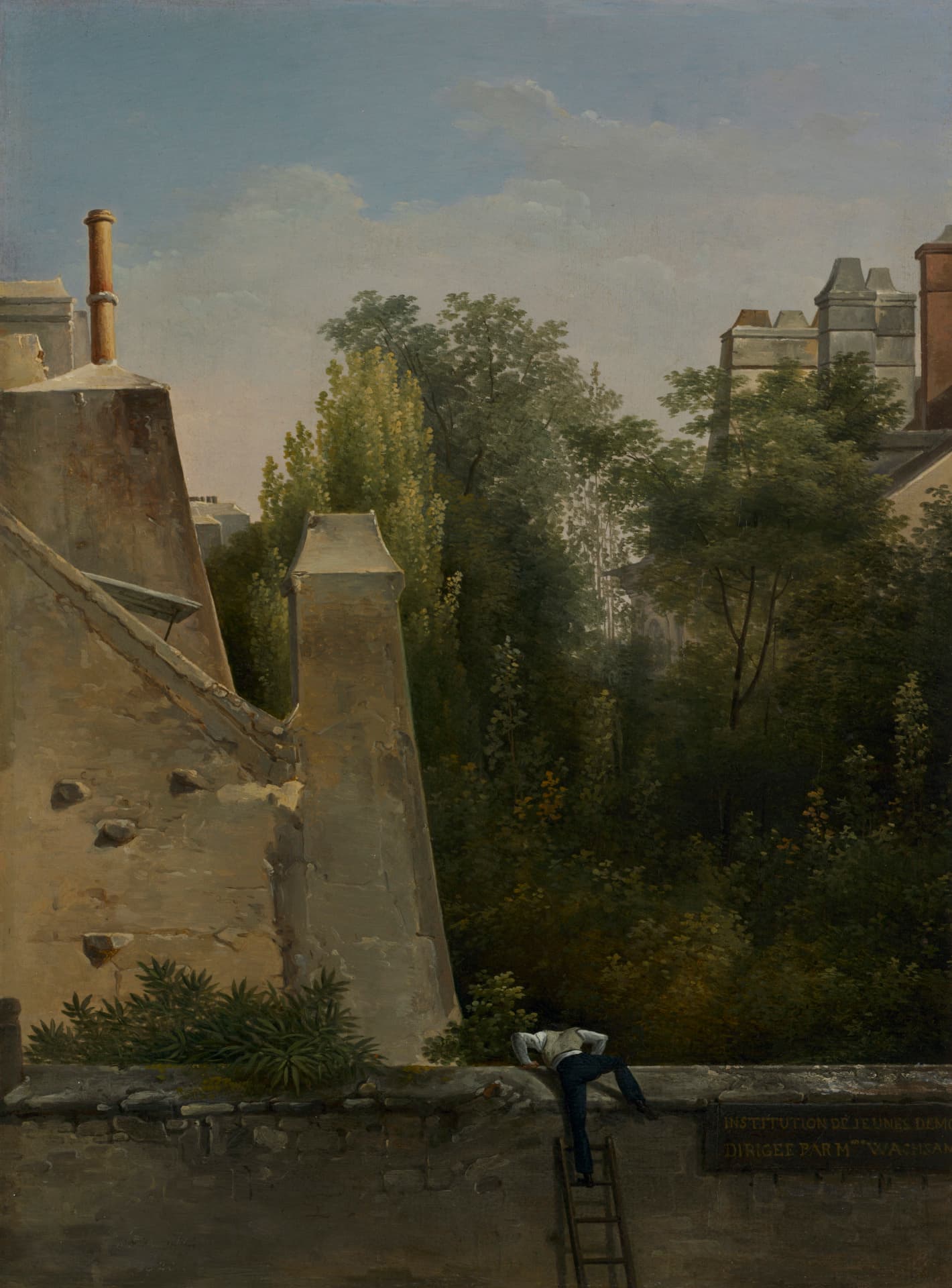 A vertically oriented oil painting depicts a man with a light skin tone peering over a stone wall from a wooden ladder in the lower center. Beyond the wall, dense green trees fill the midground. To our left, a tan building with a tall chimney rises into a pale blue sky in the upper half. On the wall to our right, a dark plaque features text identifying the site as a school for young women.
