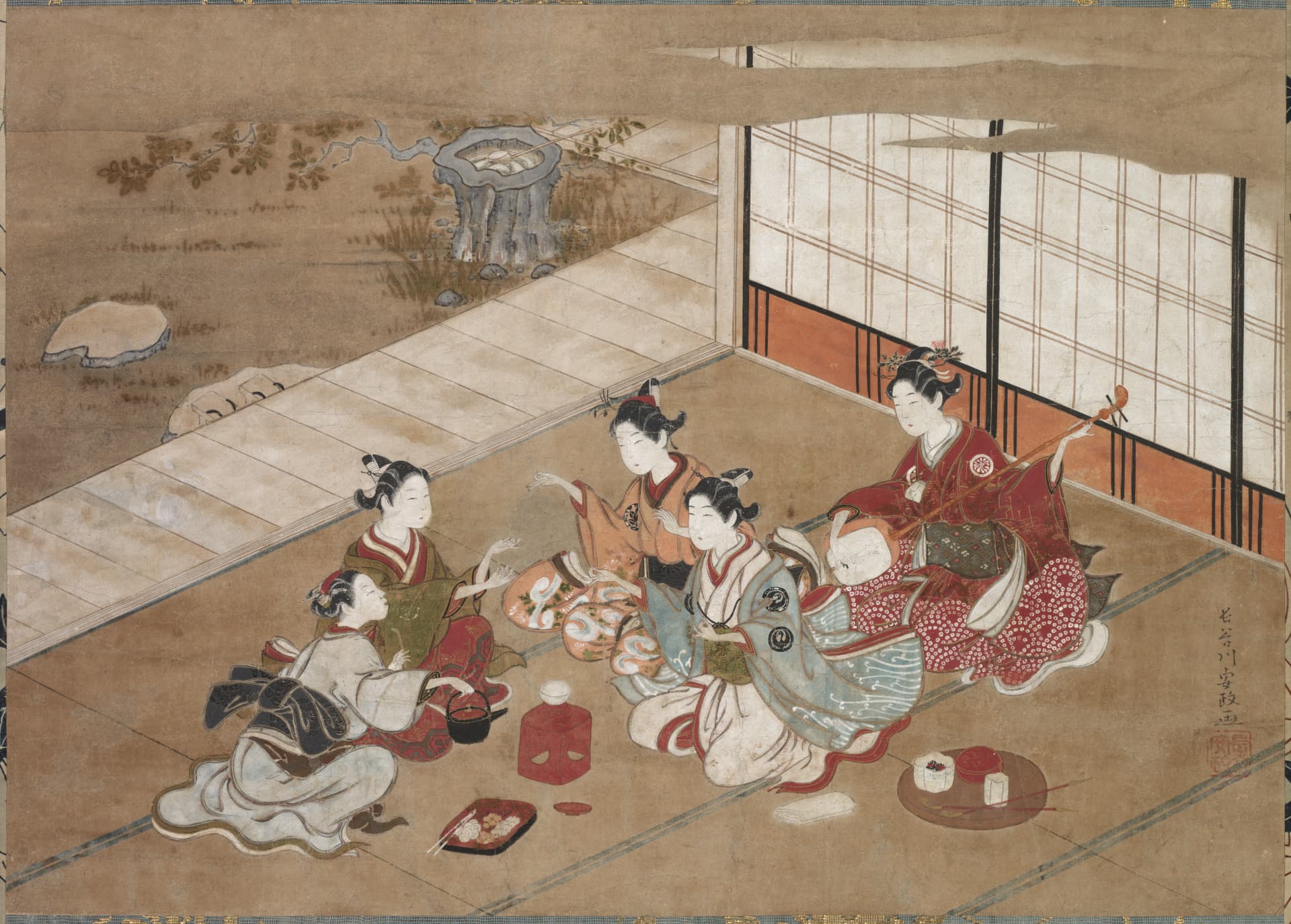 A hanging scroll depicts five women with light skin tones on a matted floor. Four sit together; one pours tea while a woman plays a long-necked instrument with strings.