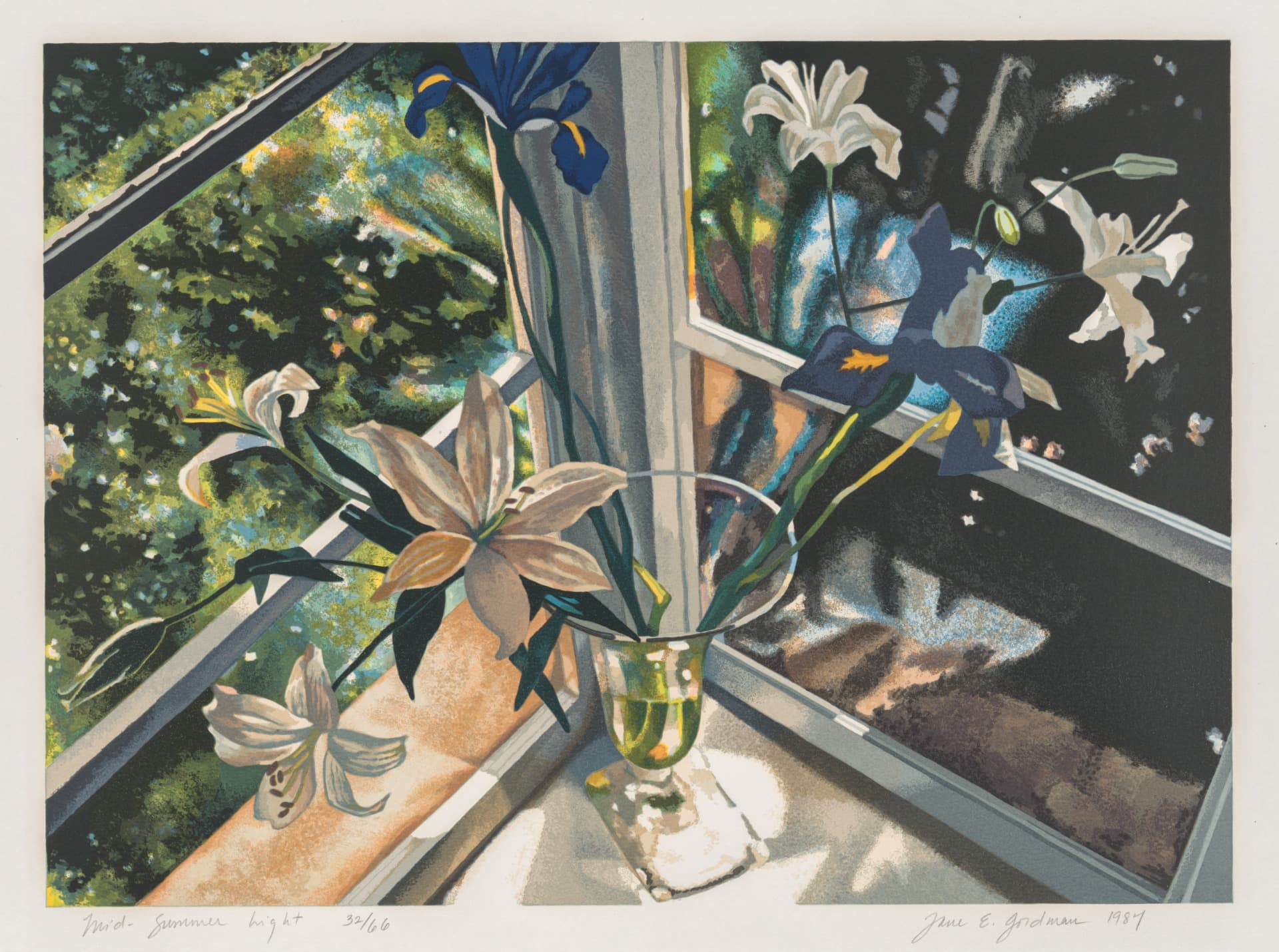 A horizontally oriented color screenprint depicts white and peach lilies and blue irises overflowing from a glass vase on a sunlit windowsill. Luminous light from the left casts deep shadows across the ledge. Dappled green foliage fills the left window pane, while the right displays reflections against a dark interior. Long green stems sprout from the vase, their vibrant blooms reaching toward the top margin. Handwritten text, numbers, and a signature mark the bottom margin.