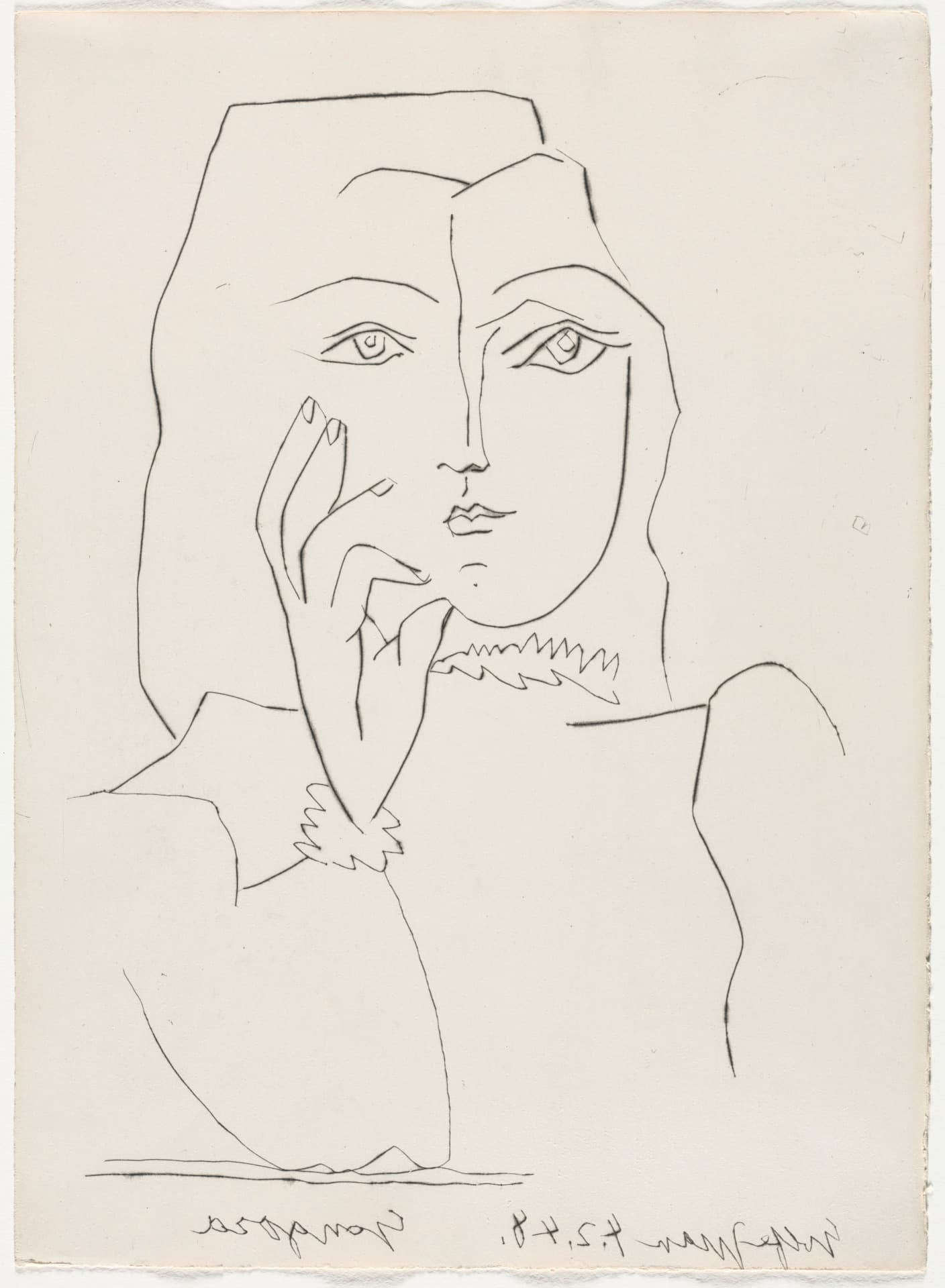 A vertically oriented drypoint print in thin black lines depicts a stylized woman from the chest up. Her face merges frontal and profile perspectives with wide, almond eyes and small lips. She rests her chin on a hand, slender fingers pointing toward her temple. Minimalist, flowing lines define her hair and a zigzag ruffled collar.