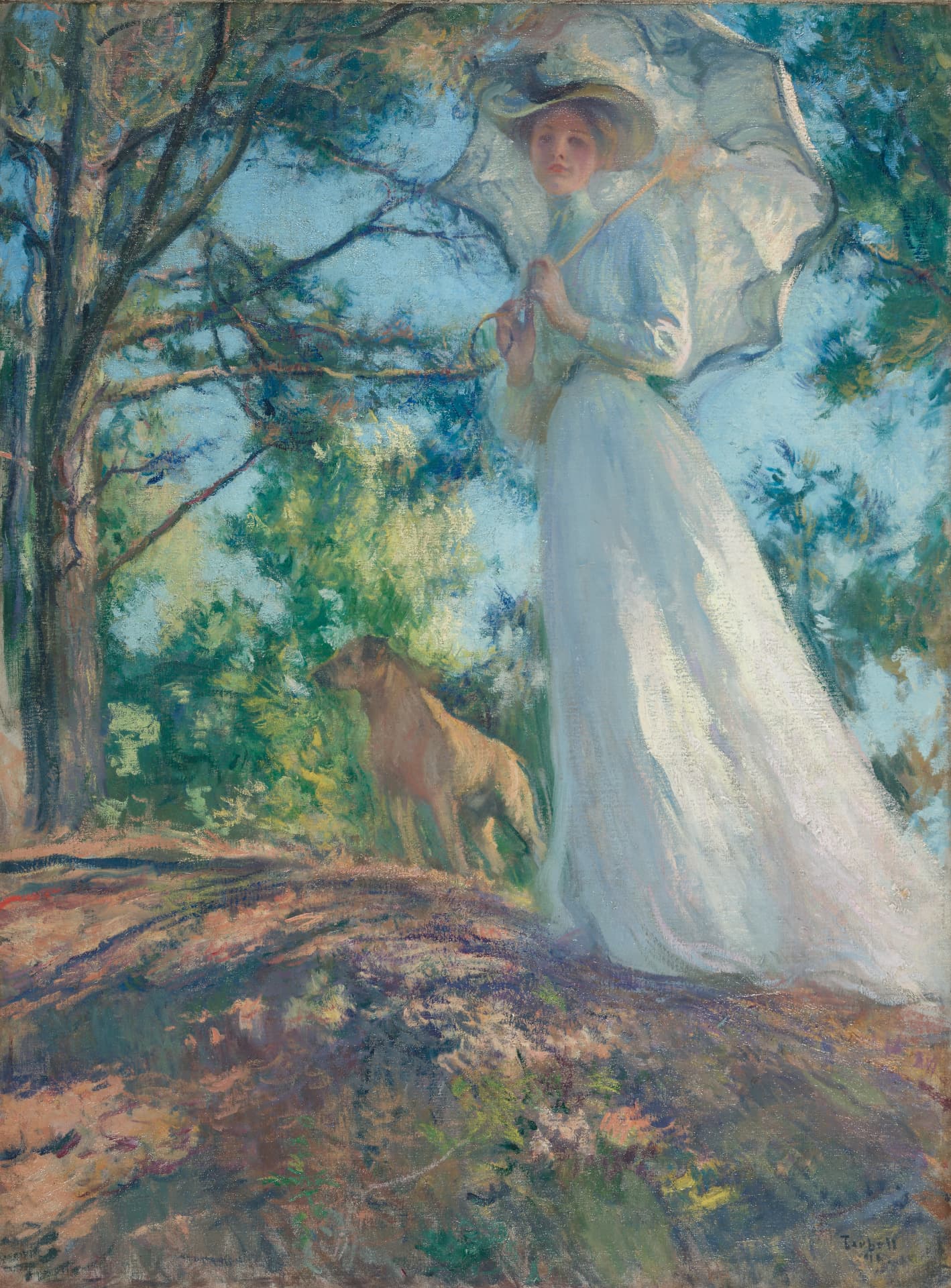 A vertically oriented oil painting depicts a woman with light skin tone standing on a sunlit hill, looking at us. She wears a long, flowing white dress and a wide-brimmed hat, holding an open parasol over her shoulder. Behind her, a tan dog looks to our left. A large tree frames the composition, with thick, energetic brushstrokes creating patches of light across the ground and a brilliant blue sky.