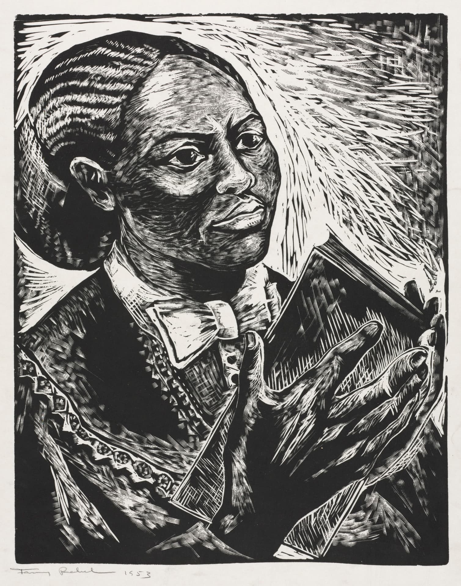 A vertically oriented woodcut print in black ink on white paper depicts a person with dark skin tone and hair in a bun, looking toward our right while wearing a white collar and bow tie over a patterned garment. Both hands clutch a dark book in the foreground. Sharp, carved lines create heavy texture across the skin and clothing. Radiating white marks emerge from the black background, creating high contrast around the figure.