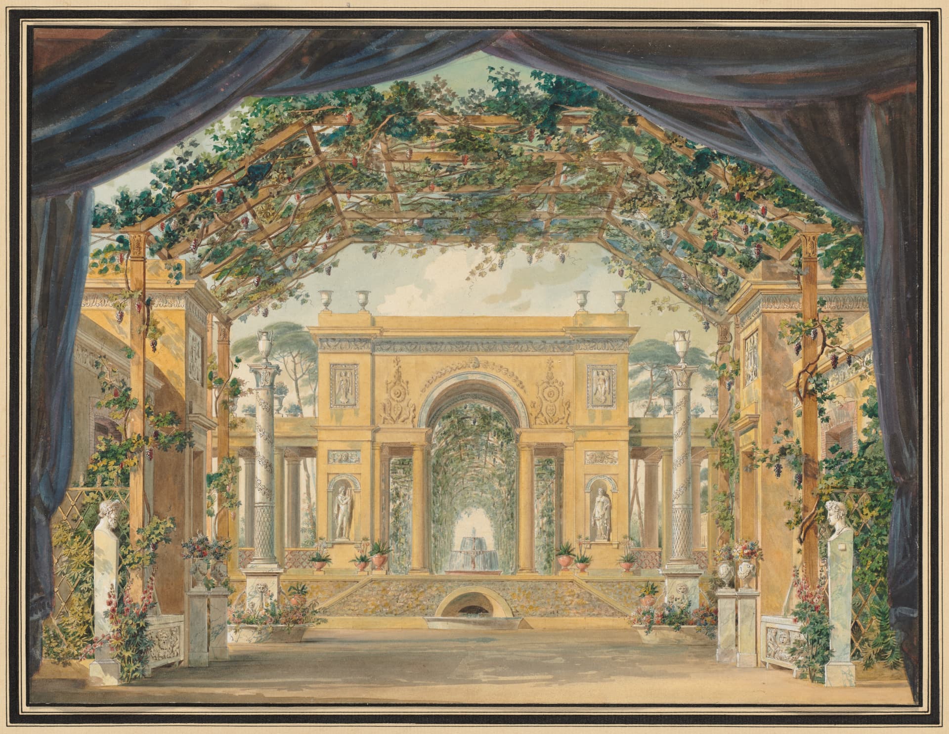 A horizontally oriented ink and watercolor drawing depicts a garden framed by heavy, dark blue curtains. A wooden trellis draped in green vines and purple grapes forms a canopy overhead. In the foreground, white pedestals with busts flank a sunlit space. At center stands a yellow architectural facade with white spiral columns and statues. Beyond its large archway, a shaded path leads past trees to a distant fountain under a pale sky.