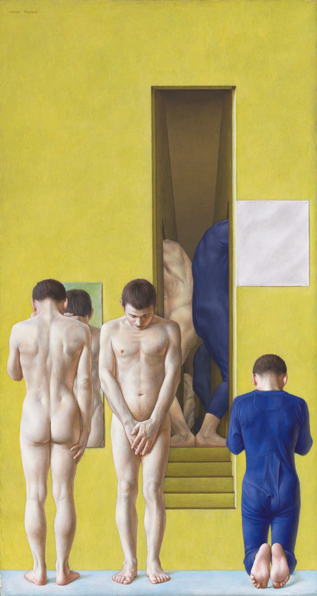 A vertically oriented tempera painting depicts three people in front of a yellow wall, the side-profiles of two more visible up the stairs of a narrow doorway, all with light skin tones. Left of the doorway two nude people look down. The one furthest to the left shows their back, the one to the right faces us, covering their genitals. To the right of the doorway, a kneeling figure in a dark blue long underwear suit faces the wall.