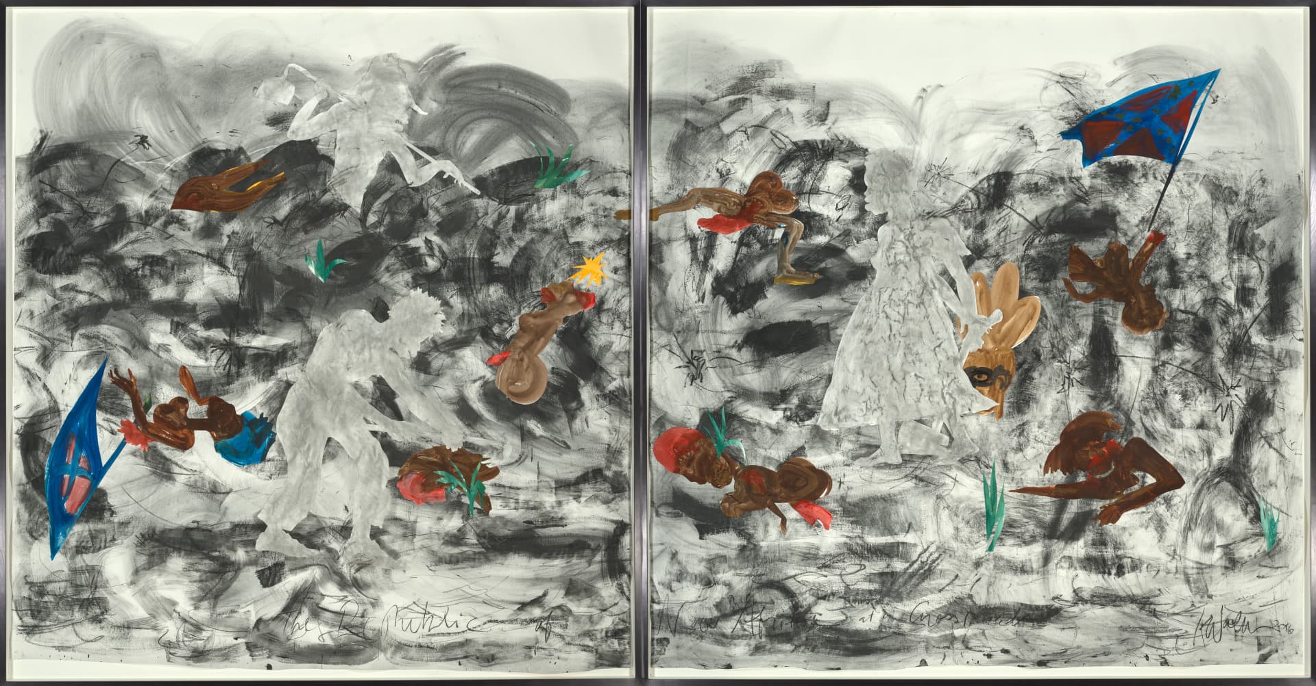 Two square panels flush together are covered in swirling black streaks out of which emerge silhouettes of people and on which roughly humanlike splotches of paint occasionally swirl brown. The silhouetted people are precisely outlined and shaded with a blotchy gray against white, with one wearing a dress and all holding some form of tool or weapon. In the upper right and lower left corner brown humanlike figures hold red flags with blue "X"s.