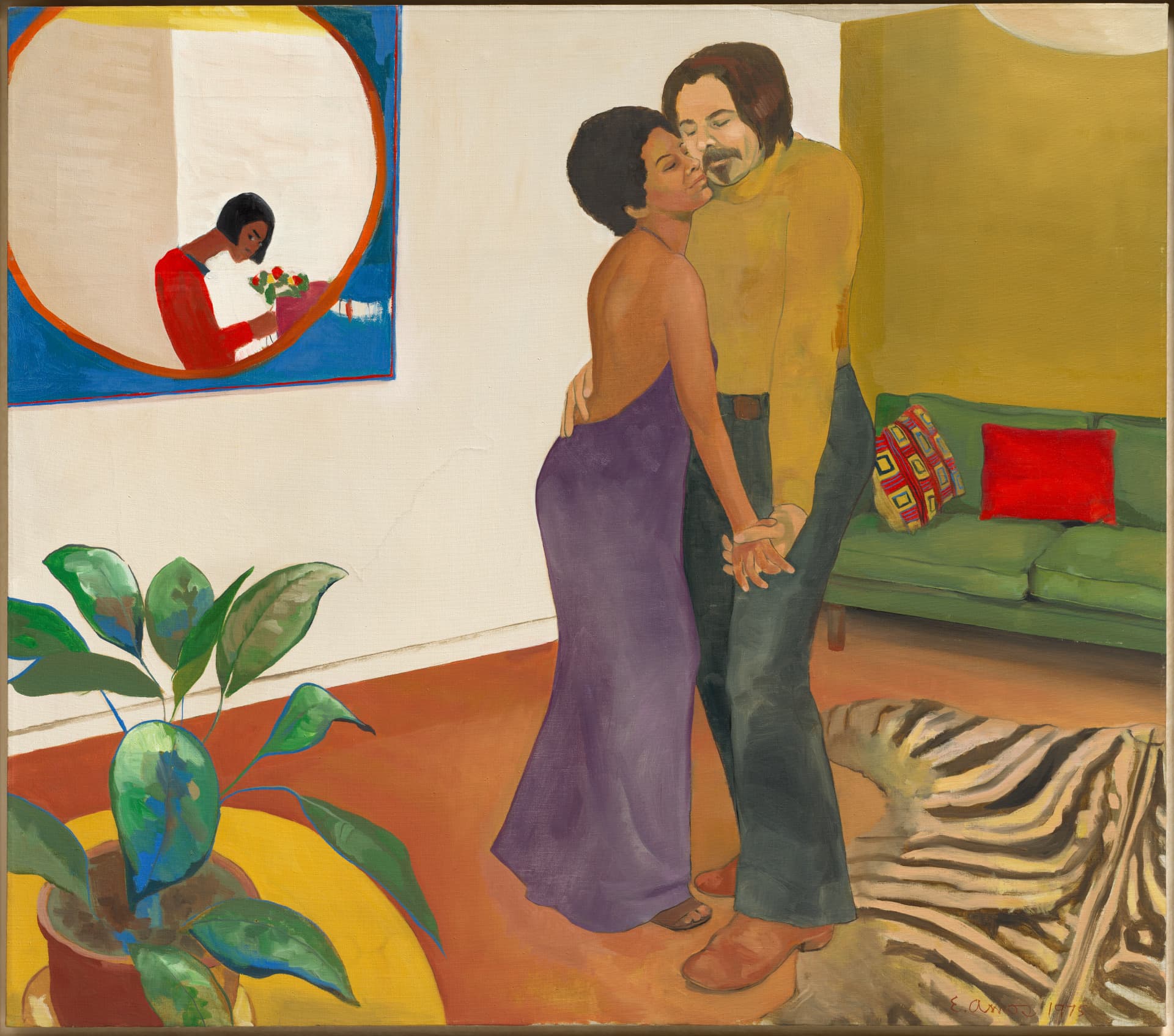 A horizontally oriented oil painting depicts two stylized people dancing cheek to cheek in a vibrant living room. One has a medium-dark skin tone and wears a backless purple dress, dancing with another with a light skin tone wearing a yellow shirt, both smiling with their eyes closed. Behind them in the yellow and green room hangs a painting of a figure with a dark skin tone bending toward flowers, head tilted to look out the frame.