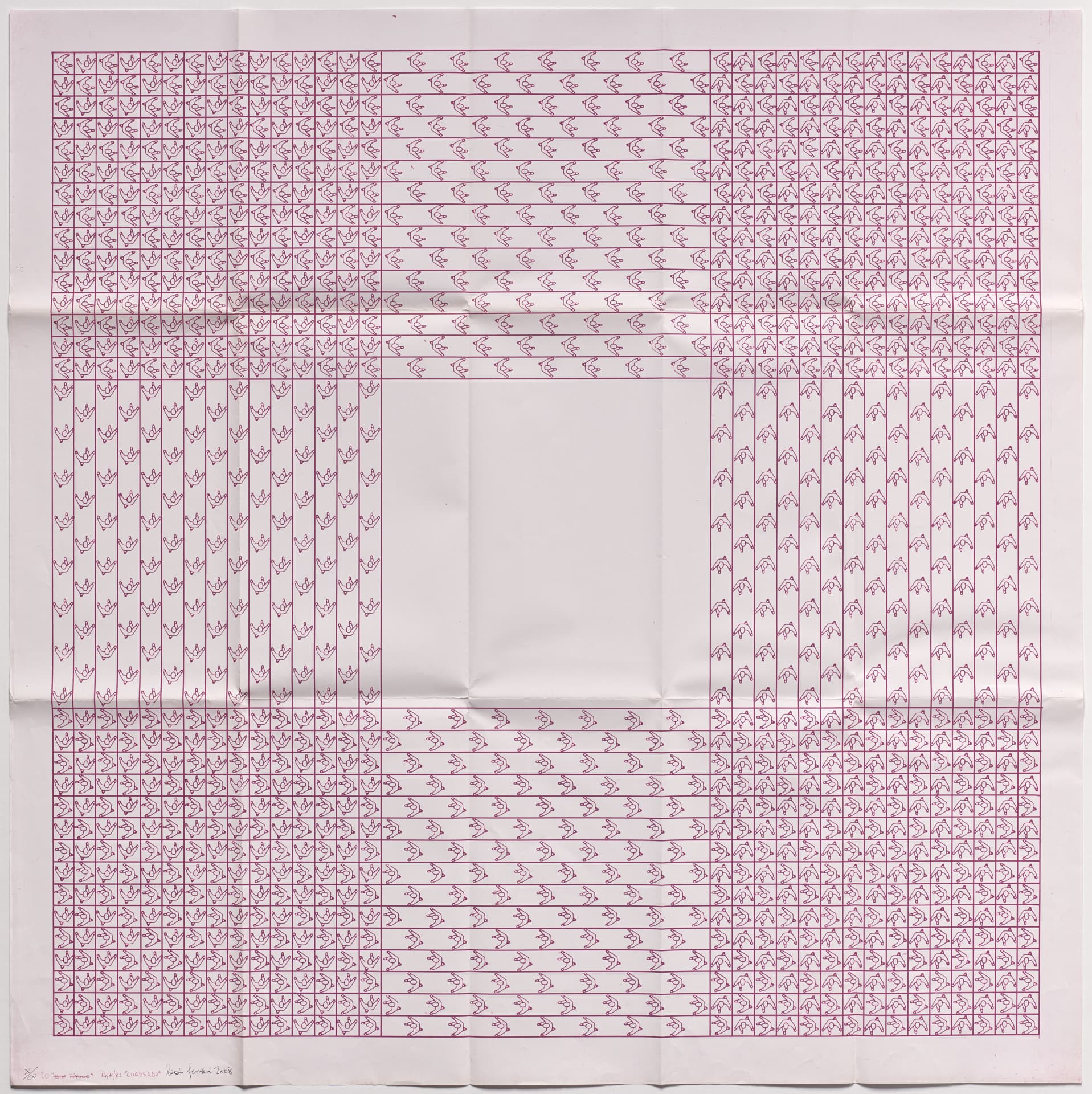 A square print in pink on white paper depicts a grid of three rows of three squares. The central square shows white paper. The squares marking the four corners divide into grids of squares. Each grid square contains an identical, simplified, Bird's-eye view outline of a person walking. The remaining four squares marking each edge divide into stripes in which the person outline also repeats. Creases mark where the paper was folded into a rectangle.