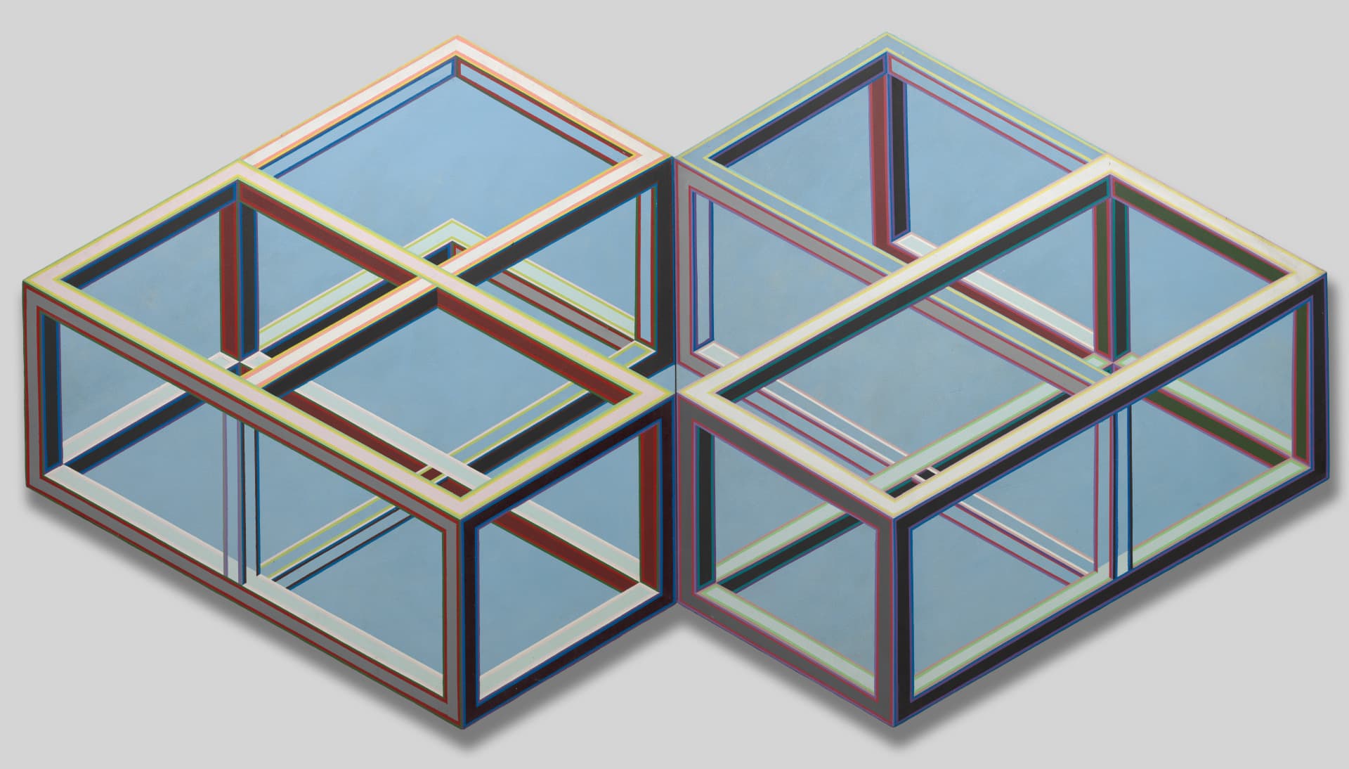 An illusionistic diptych is created from two acrylic paintings pushed together, with each appearing to create the frame of four cubes connected to make a larger diamond, the corners conjoining. The angular frames intersect over a blue background, frames colored in shades of gray and blue but outlined with intersecting blue, red, orange, and yellow lines.