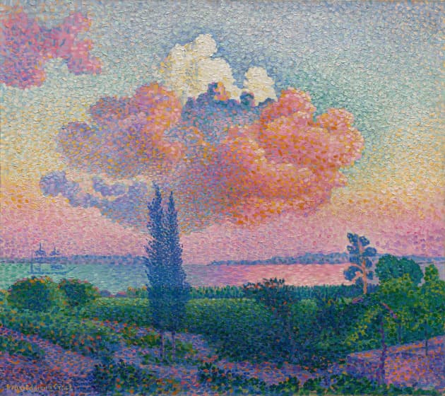 A square oil painting made of repeated, thick dots of paint depicts a fluffy, pink cloud floating in the light blue, yellow, and pink sky in the upper two-thirds. A green landscape cast in dark purple and pink shadows in the lower third, and water in pinks and blues is at the horizon. Two dark blue bushy narrow trees extend into the lower edge of the cloud.