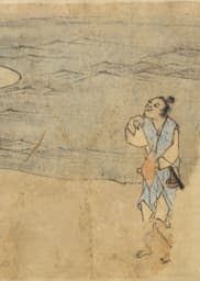 A detail of the handscroll The Saltmaker’s Story features a person with medium-light skin tone standing in front of water and looking up.