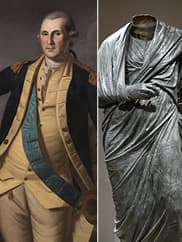 Left, a painting depicts George Washington. Right, a sculpture with the head broken off depicts an ancient Roman emperor.