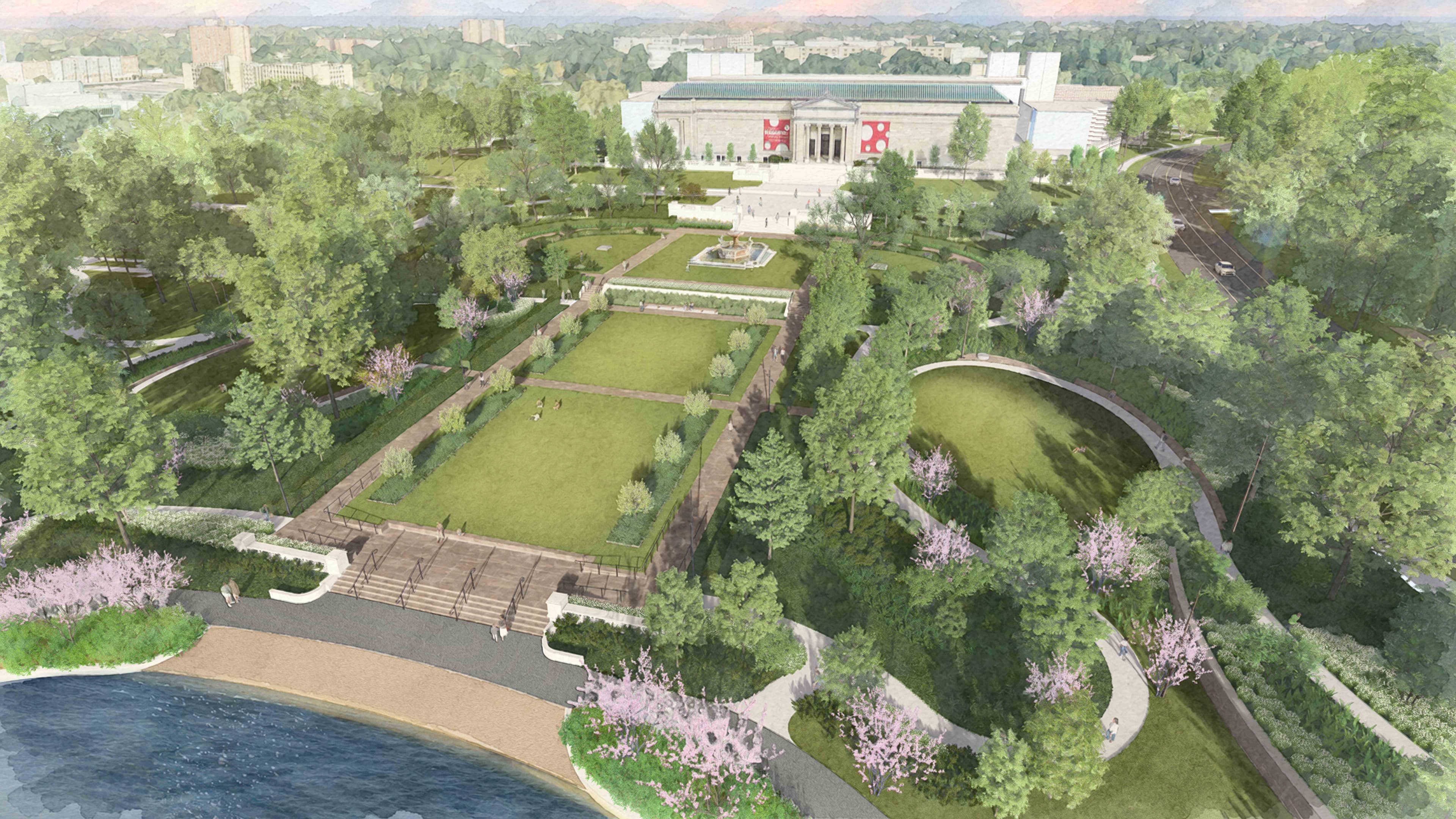 Rendering of an aerial view of a museum and its surrounding areas