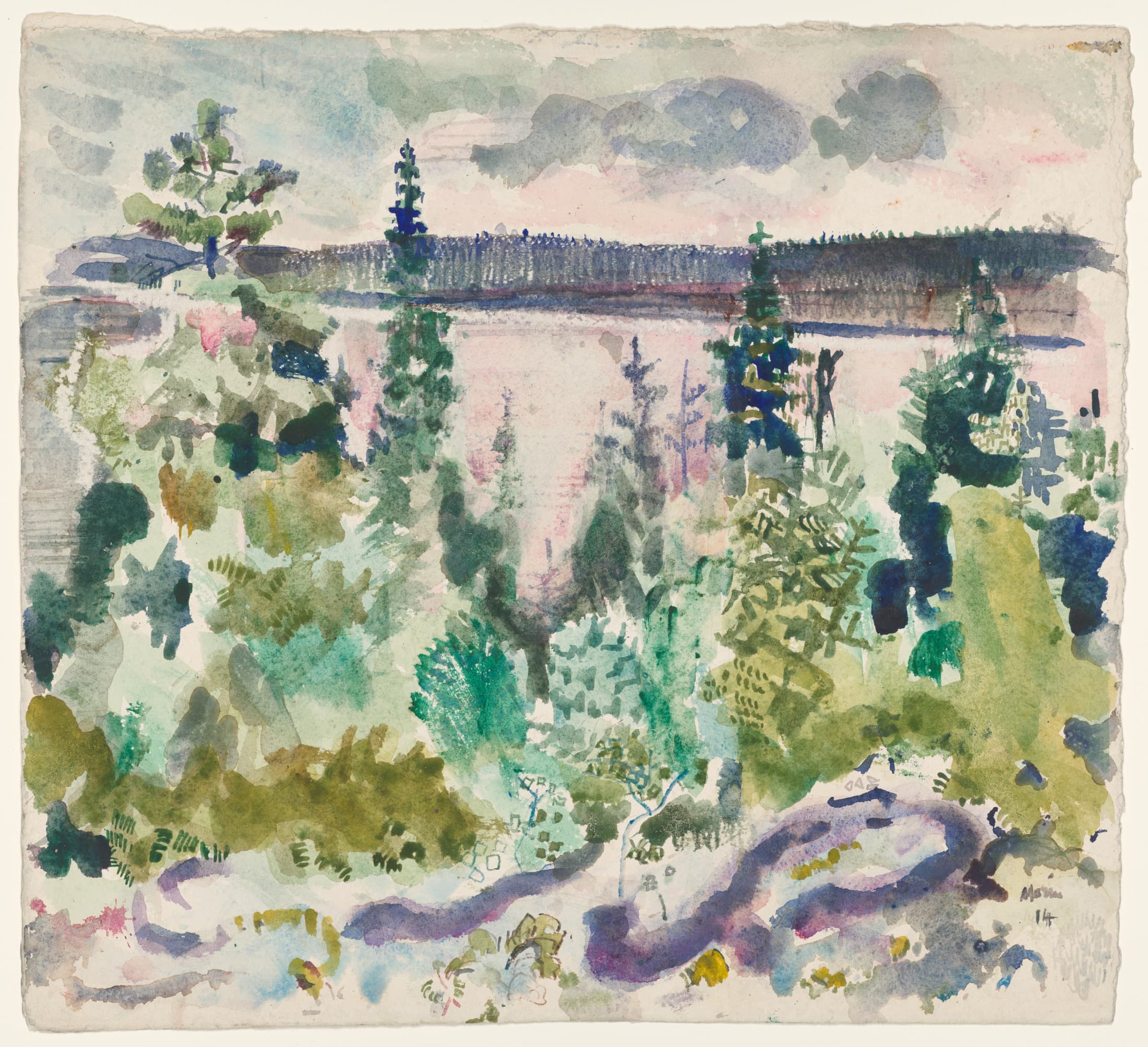 A John Marin watercolor shows a landscape with trees in loose, watery brushstrokes.