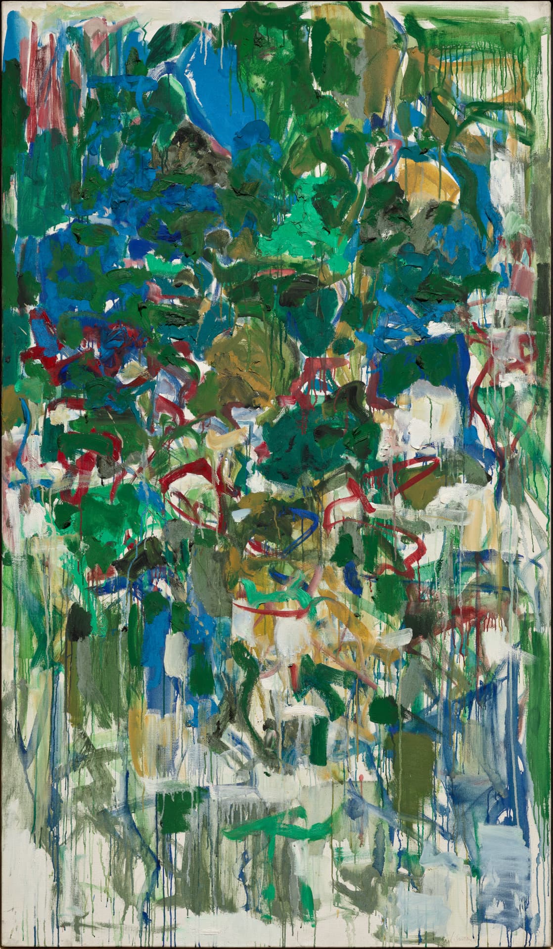 A vertically oriented oil painting features overlaid green, blue, and mustard-yellow blobs of paint across the upper half that become streaks and drizzles down the bottom half. Scarlet strokes swirl horizontally across the center of the canvas. Occasional gaps show unpainted canvas, especially on the lower edge.