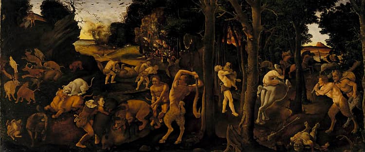 A Hunting Scene c. 1494–1500. Piero di Cosimo (Italian, 1462–1521). Tempera and oil transferred to Masonite; 70.5 x 169.5 cm. The Metropolitan Museum of Art, New York, Gift of Robert Gordon, 1875, 75.7.2. © The Metropolitan Museum of Art. Art Resource, NY