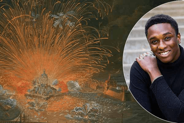 a person smiling next to a painting