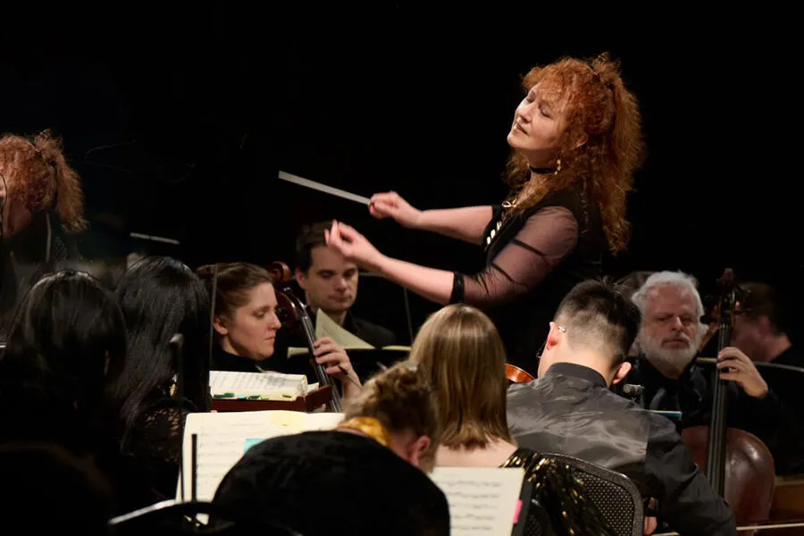 a person standing on a stage with an orchestra