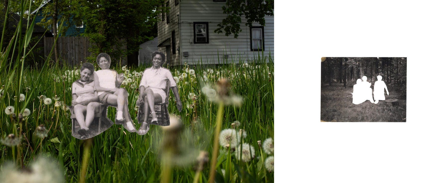 A photo collage where a group of people sitting is cut out of a black and white photo and placed over a color image of a grassy area with flowers and a house in the background. A smaller rectangle to the right of the photo collage is a black and white photo with a cut out of the group of people.