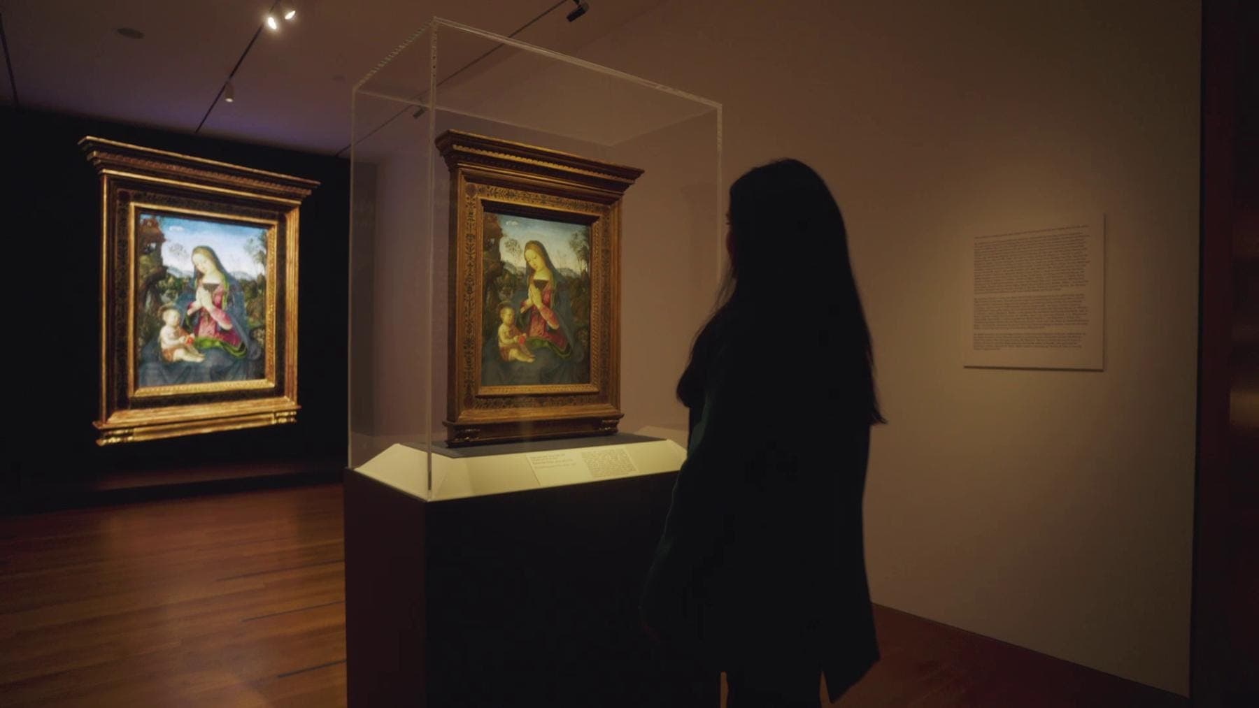 a person looking at paintings on display