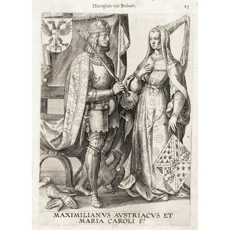 Maximilian of Austria and Mary of Burgundy, 1606. From the Chroniicke van de hertoghen van Brabant. Engraving, 5.8 x 8 in. 