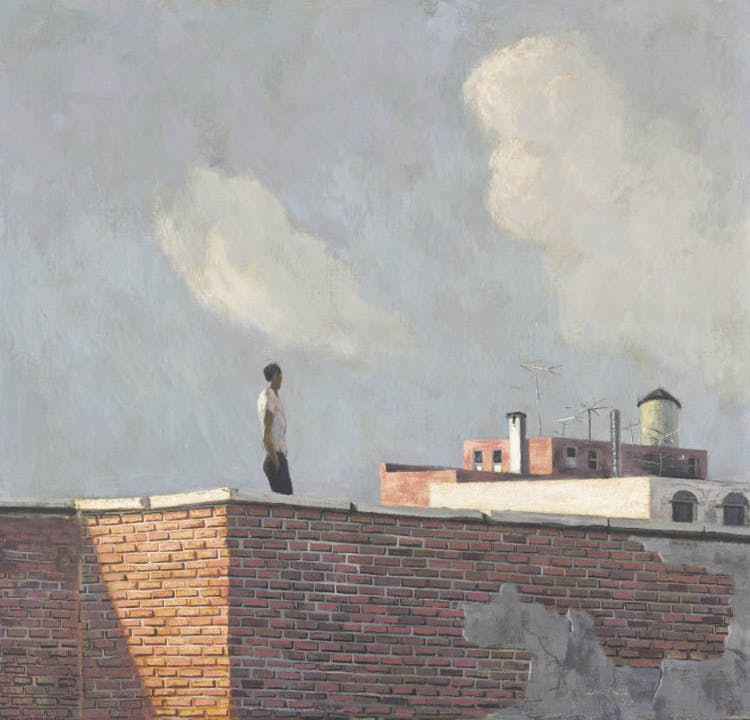 Hughie Lee-Smith (American, 1915–1999). Untitled (Rooftop View), 1957. Oil on masonite. Purchase from the  J. H. Wade Fund 2009.7