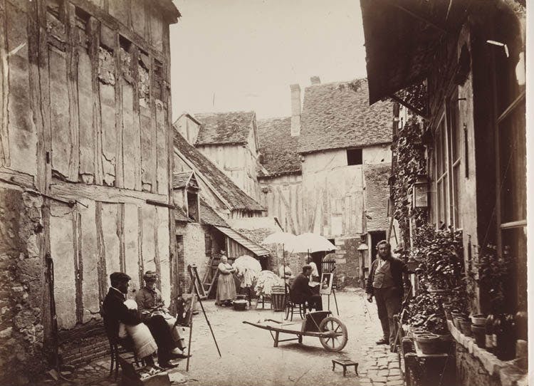 Unidentified photographer (French, 19th century). Courtyard with Painters, late 1860s. Albumen print from wet collodion negative, 28.4 x 38.6 cm. John L. Severance Fund 1998.176