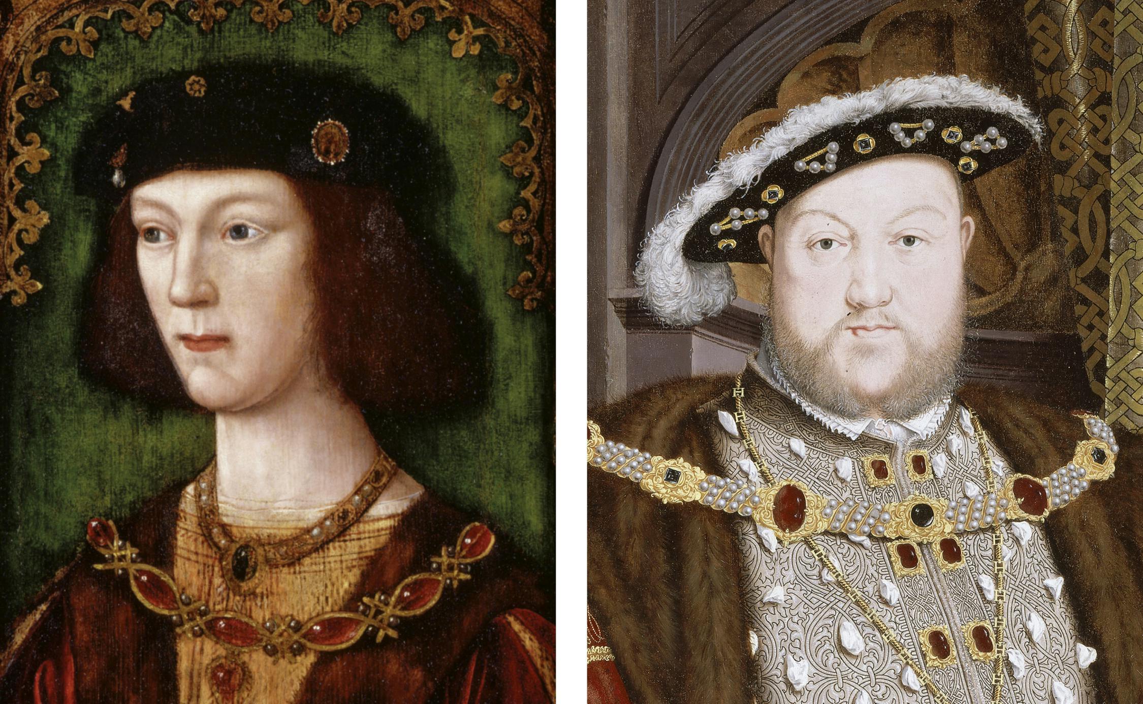 Two portraits of elaborately dressed men in hats, jewels, luxurious fabrics.