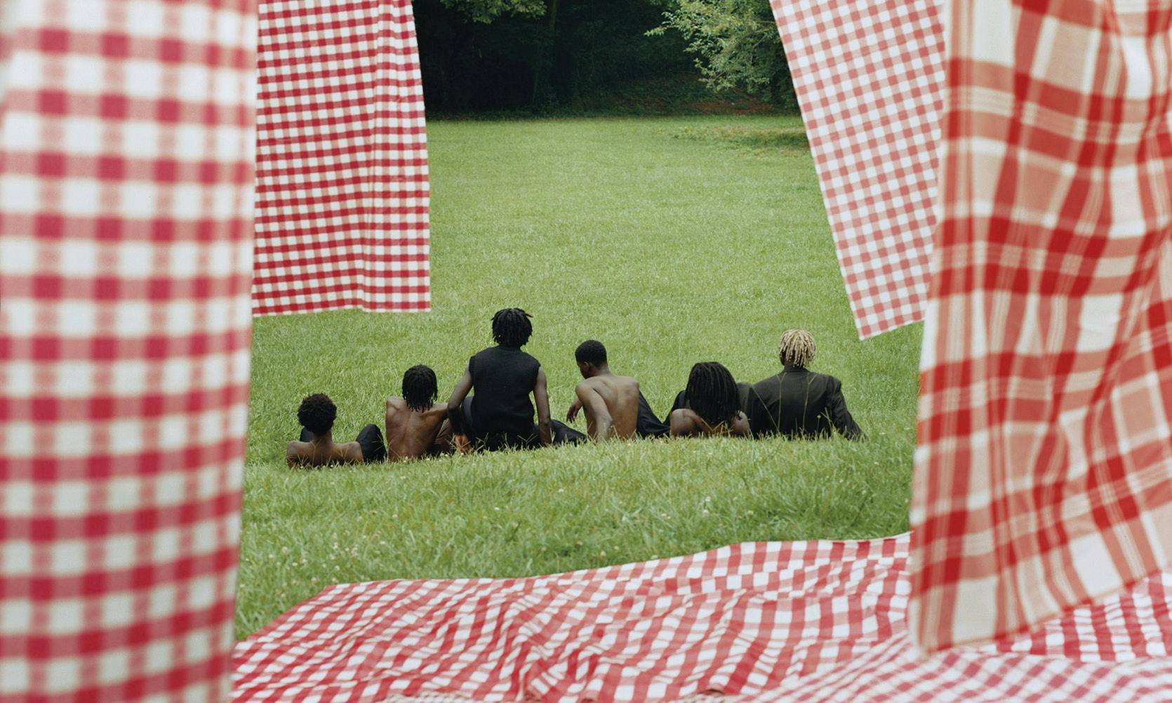 photo of people sitting in grass surrounded by gingham