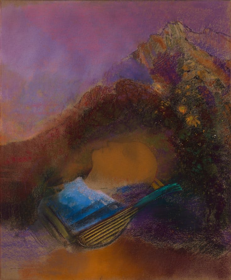 abstracted atmospheric painting with warm oranges, browns and purples