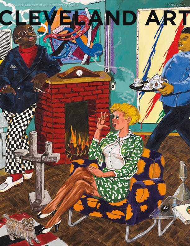 Contemporary painting a fashionable African-American man in hip  glasses smoking next to a fireplace, a woman in a chair, and a servant bringing tea