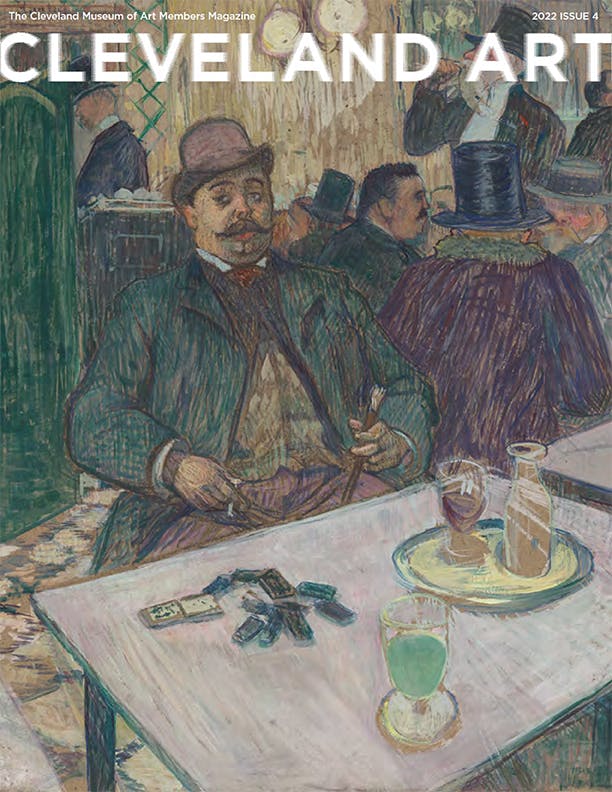 Magazine cover with a pastel of a man wearing a hat, vest, jacket drinking absinthe and playing dominoes in a crowded bar