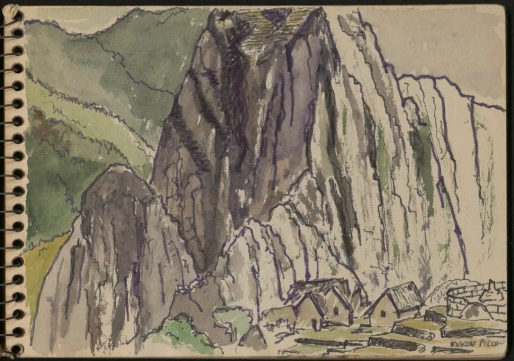 Drawings and sketching of a white and grey mountain. There are houses at the base of the mountain and green hills in the background behind the left side of the mountain.
