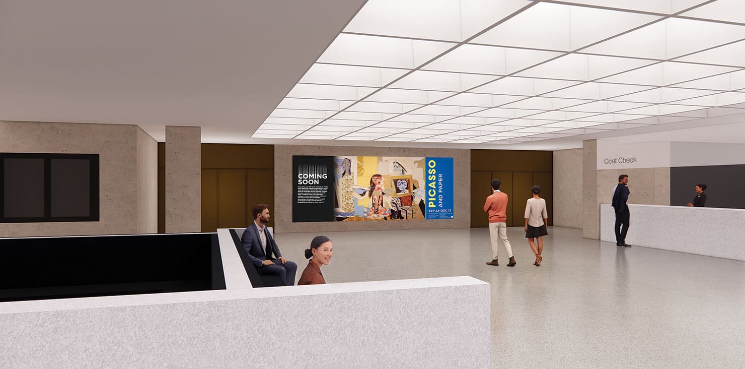 Lobby of museum with people walking around